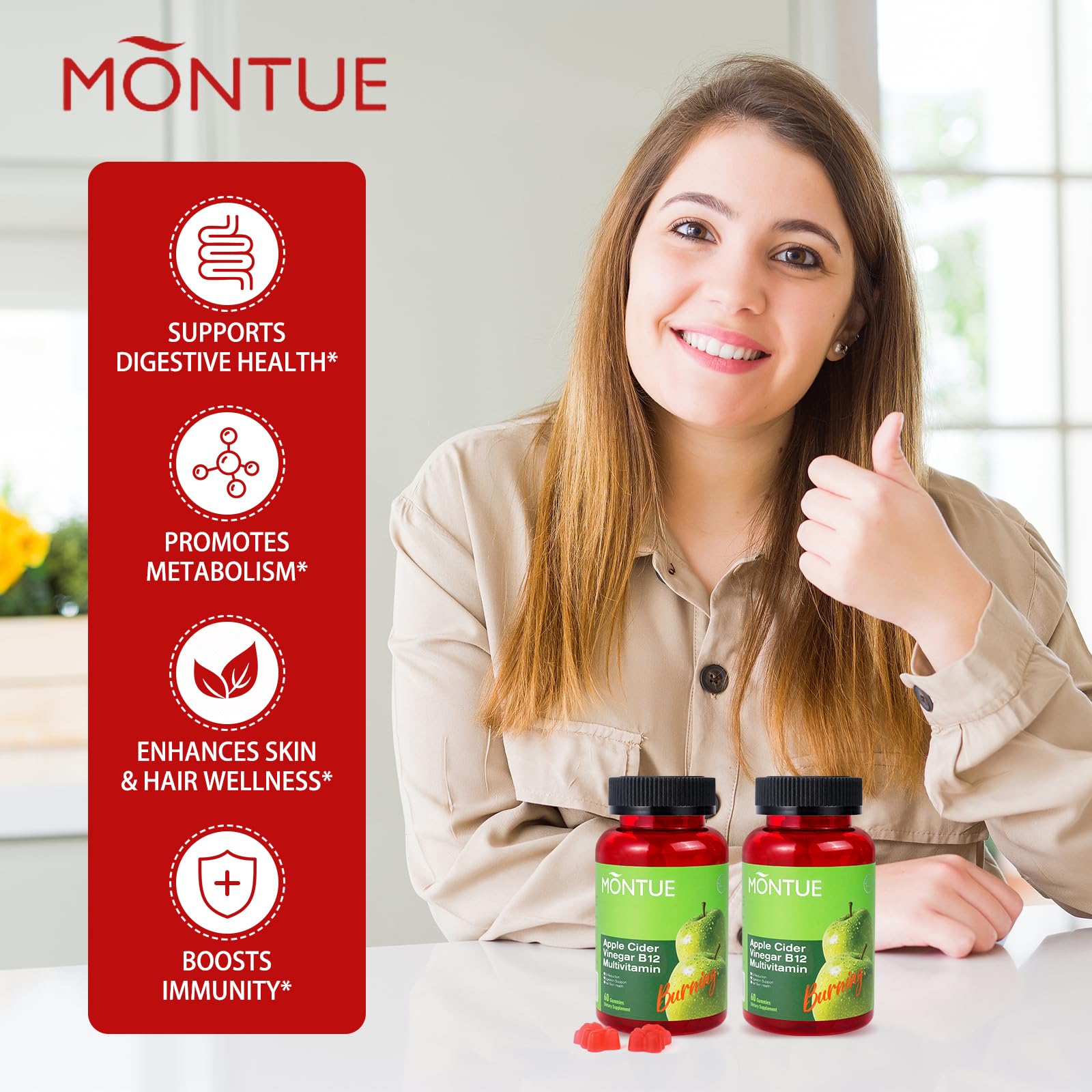 Montue Apple Cider Vinegar Gummies with B12 Multivitamin – ACV Supplement, Vegetarian, Non-GMO, 60 Gummies