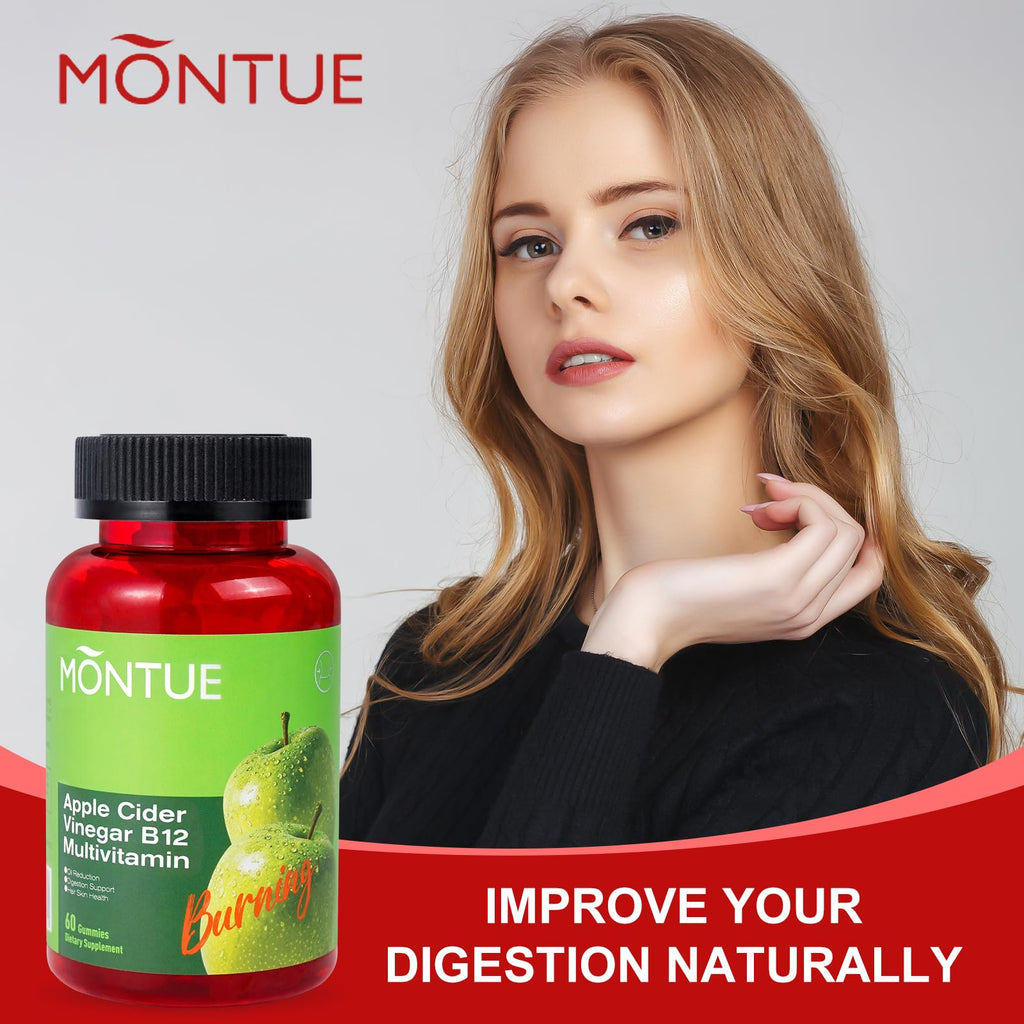 Montue Apple Cider Vinegar Gummies with B12 Multivitamin – ACV Supplement, Vegetarian, Non-GMO, 60 Gummies