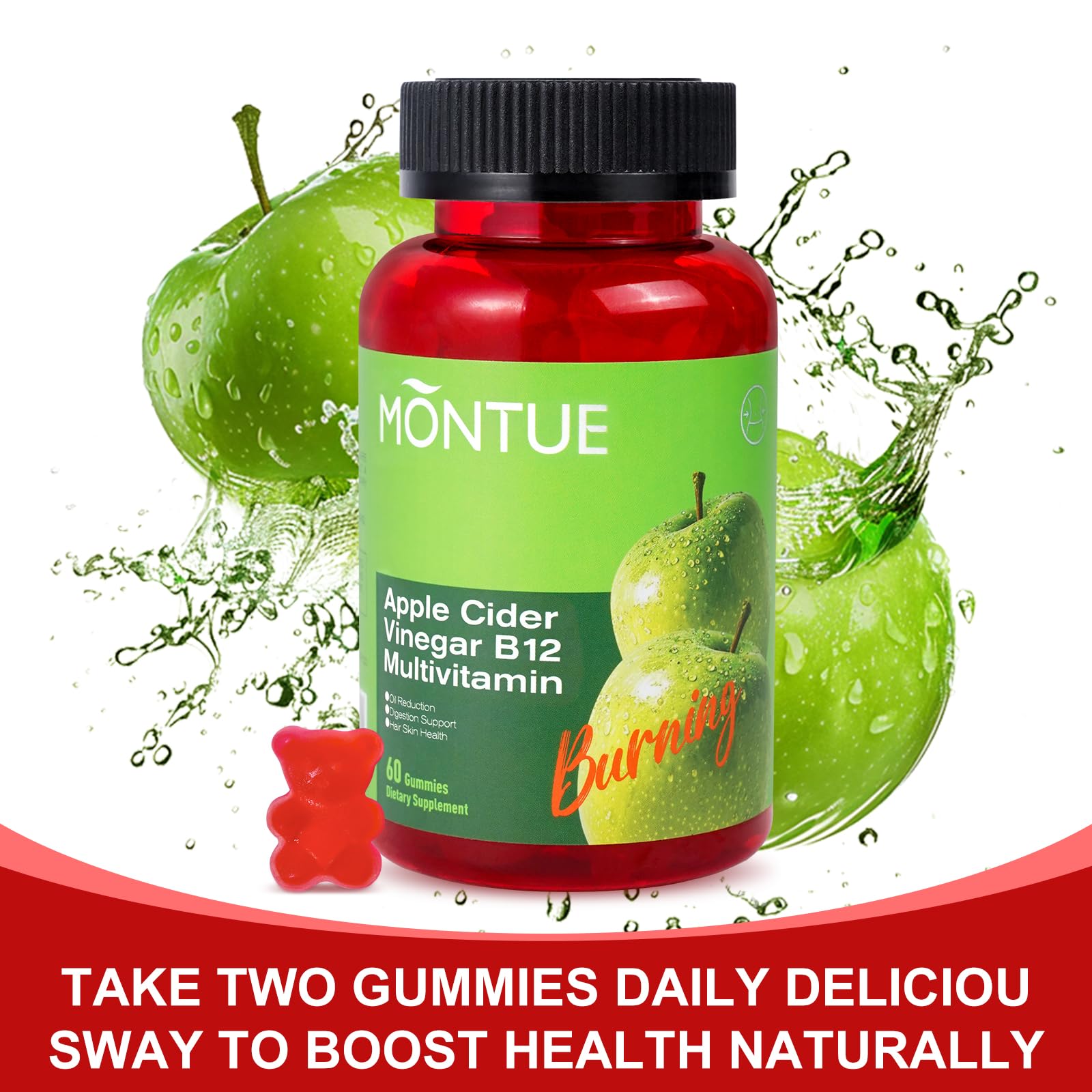 Montue Apple Cider Vinegar Gummies with B12 Multivitamin – ACV Supplement, Vegetarian, Non-GMO, 60 Gummies