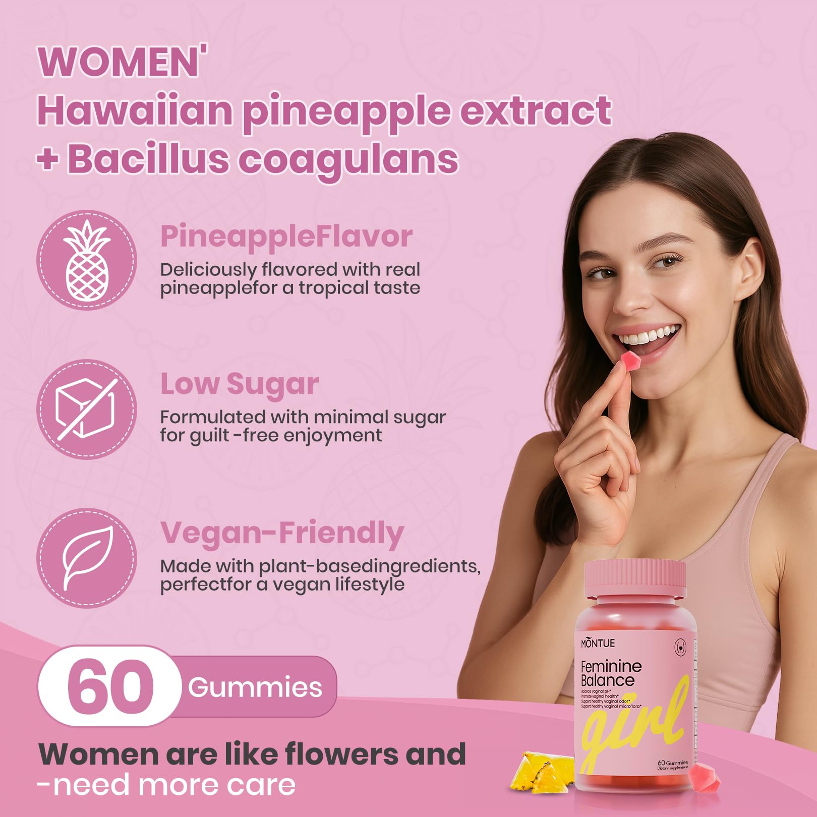 Montue Premium Diamond Feminine Balance Gummies - pH Balance with Prebiotics & Lactobacillus Probiotic Blend, Hawaiian Pineapple, Immune Support, Vegan & Non-GMO (60 Gummies)