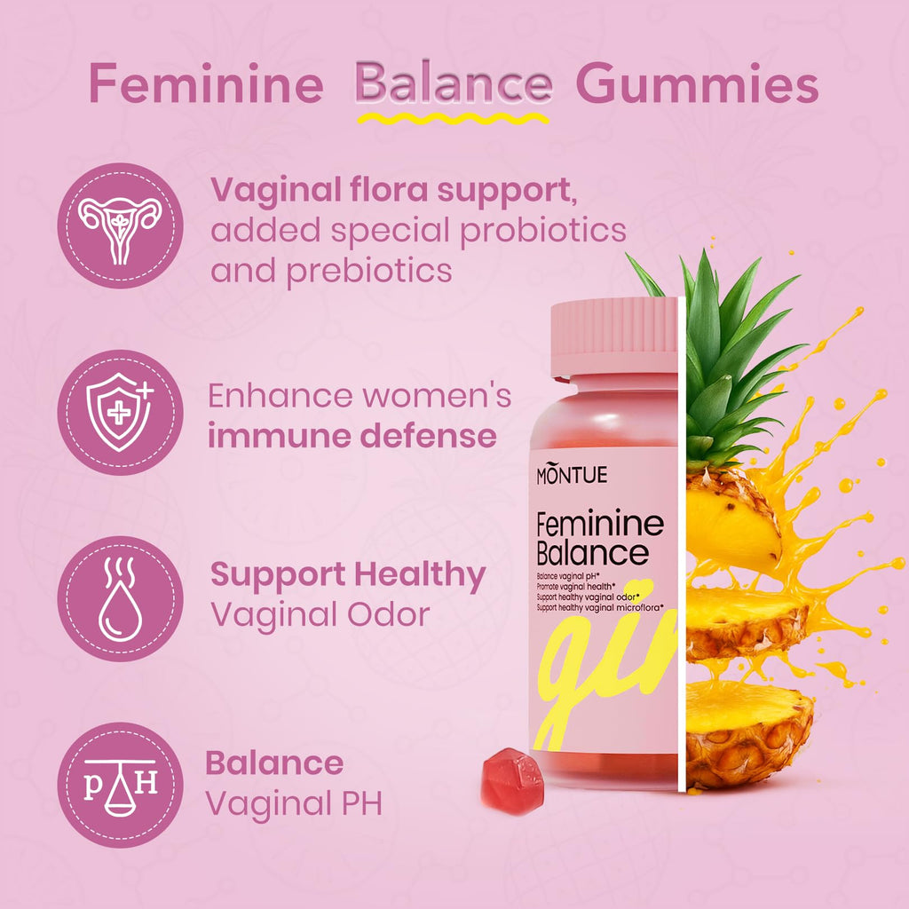 Montue Premium Diamond Feminine Balance Gummies - pH Balance with Prebiotics & Lactobacillus Probiotic Blend, Hawaiian Pineapple, Immune Support, Vegan & Non-GMO (60 Gummies)