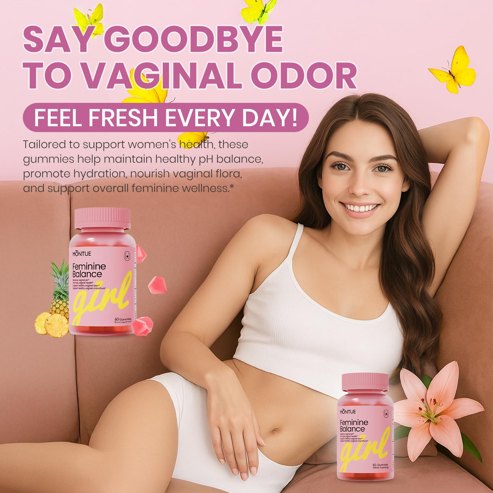 Montue Premium Diamond Feminine Balance Gummies - pH Balance with Prebiotics & Lactobacillus Probiotic Blend, Hawaiian Pineapple, Immune Support, Vegan & Non-GMO (60 Gummies)