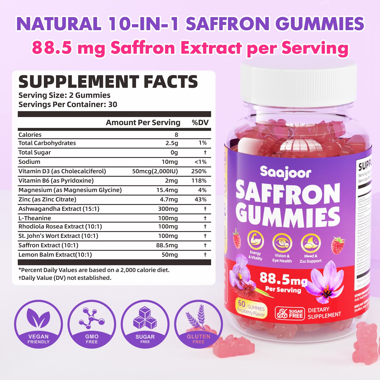 Saffron Gummies for Adult Kids - 88.5mg Saffron, Mood & Focus, Vegan Raspberry 60 Gummies