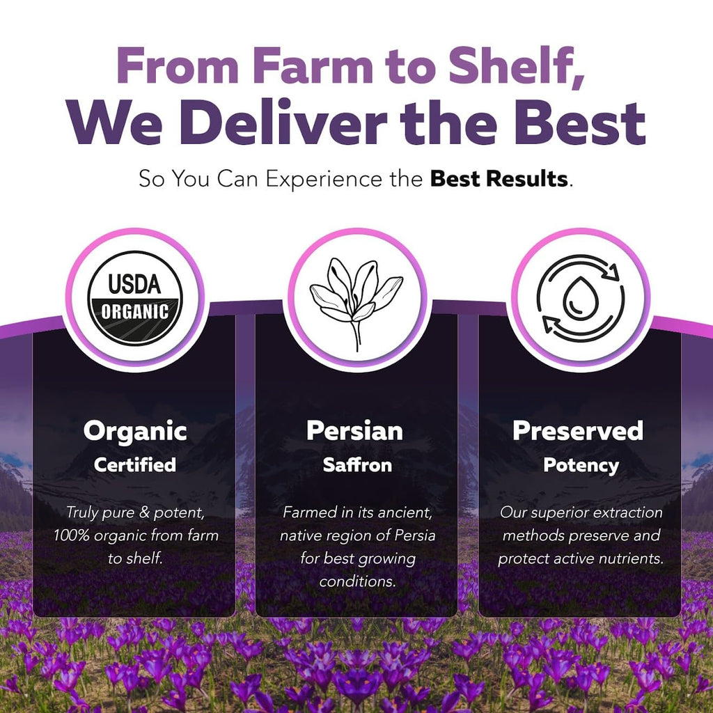 Organic Saffron Extract: Optimized Extract with Safromotivines, Safranal, and Crocins – Clinically Studied | Premium Persian Sargol Quality | Supports Mood, Calmness, and Relaxation – 30 Servings