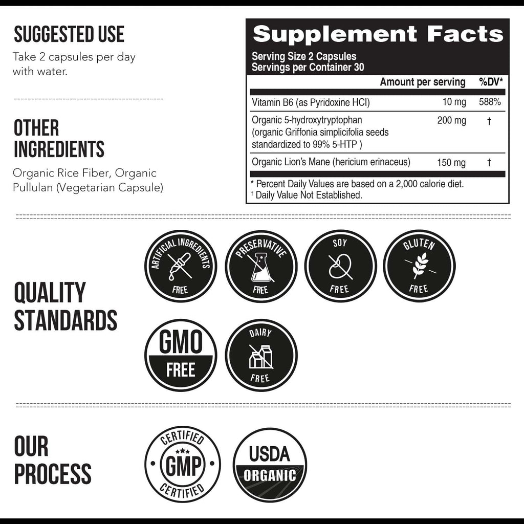 Organic 5-HTP 200mg, 99% Purity, B6 & Lion's Mane – 60 Capsules