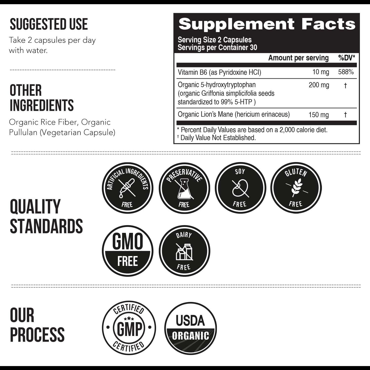 Organic 5-HTP 200mg, 99% Purity, B6 & Lion's Mane – 60 Capsules