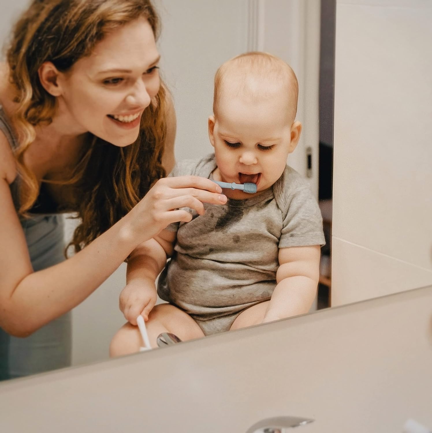Moonkie Baby Tongue Cleaner – 2-Piece Kit (Clay/Ivory) for Newborns 3 Months+ | Toddler Toothbrush & Baby Oral Cleaner