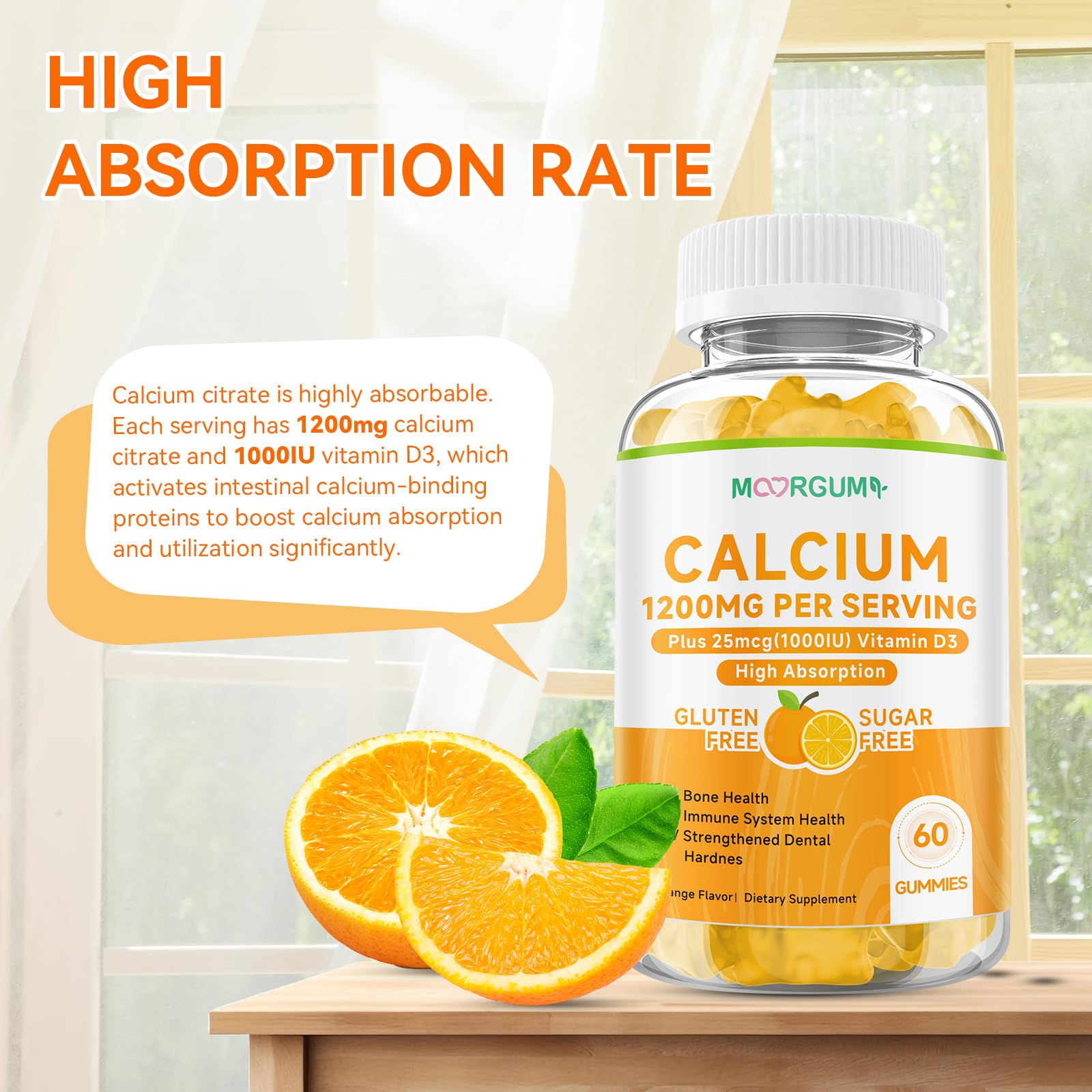 MOORGUMY Calcium Citrate Gummies – 1200mg Calcium + 1000IU Vitamin D3 | Orange, 120 Count