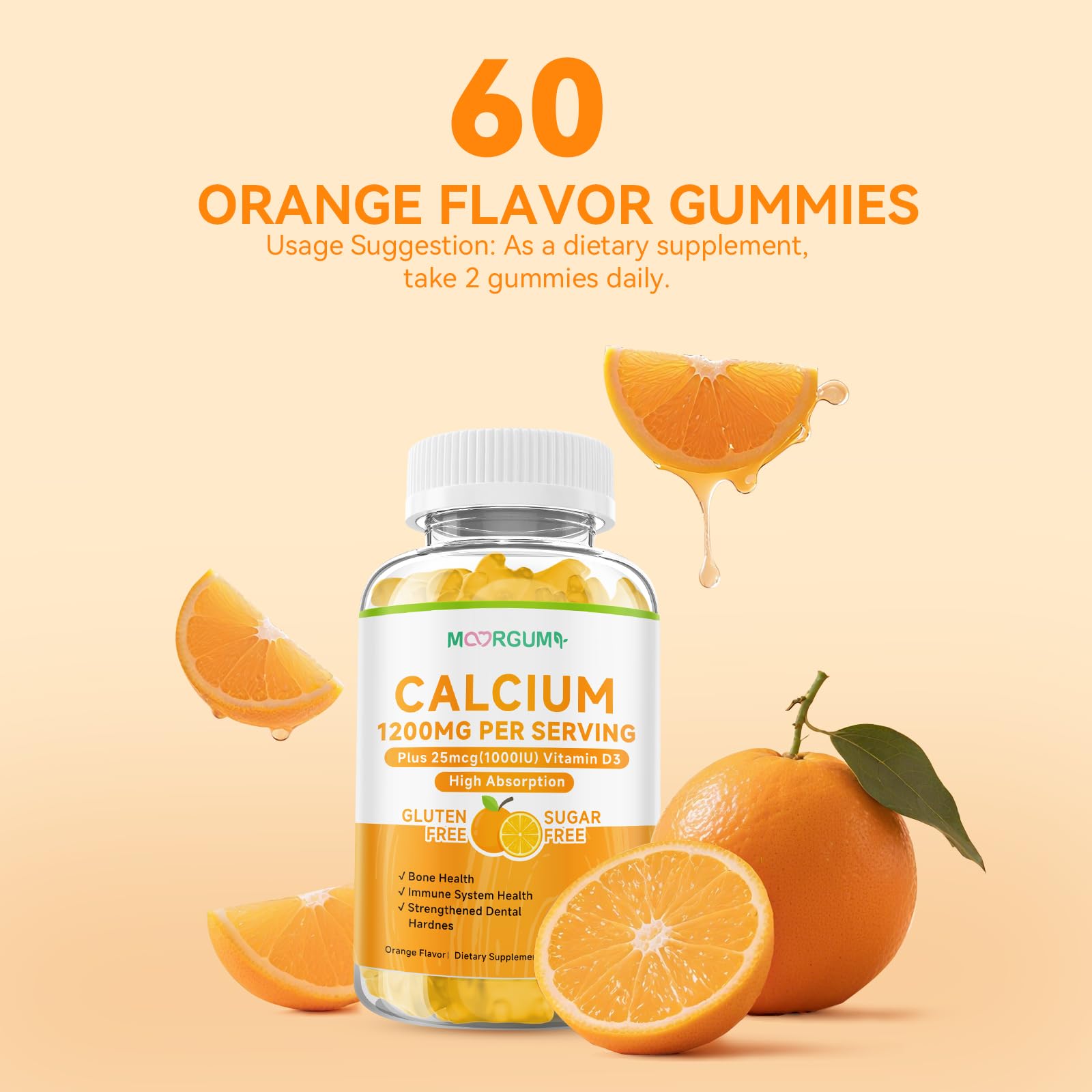 MOORGUMY Calcium Citrate Gummies – 1200mg Calcium + 1000IU Vitamin D3 | Orange, 120 Count