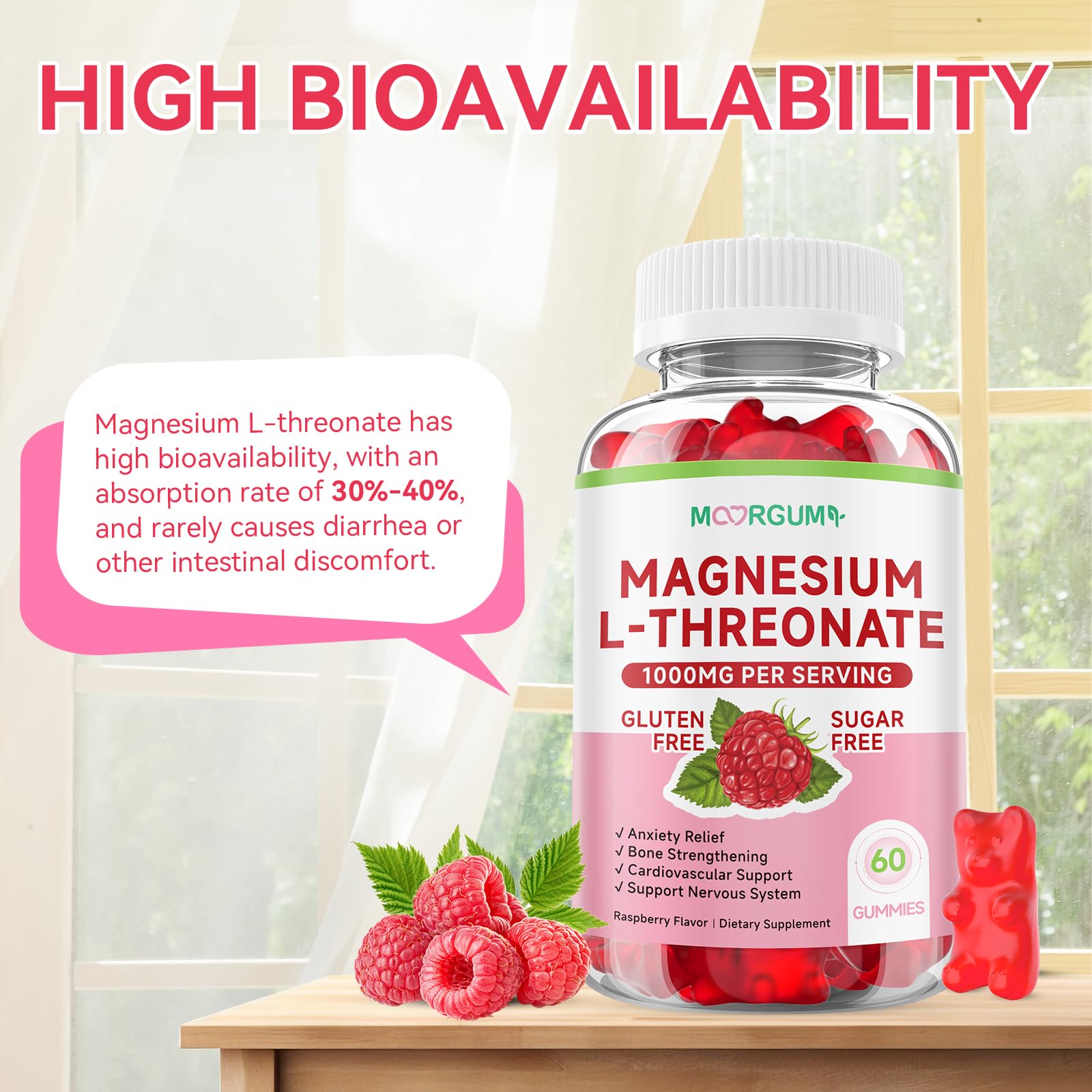 MOORGUMY Magnesium L-threonate, Memory Wellness, Cognitive Wellness and Zzz Support - High Absorption, 1,000mg Magnesium L-threonate Supplements, 120 Count Gummies