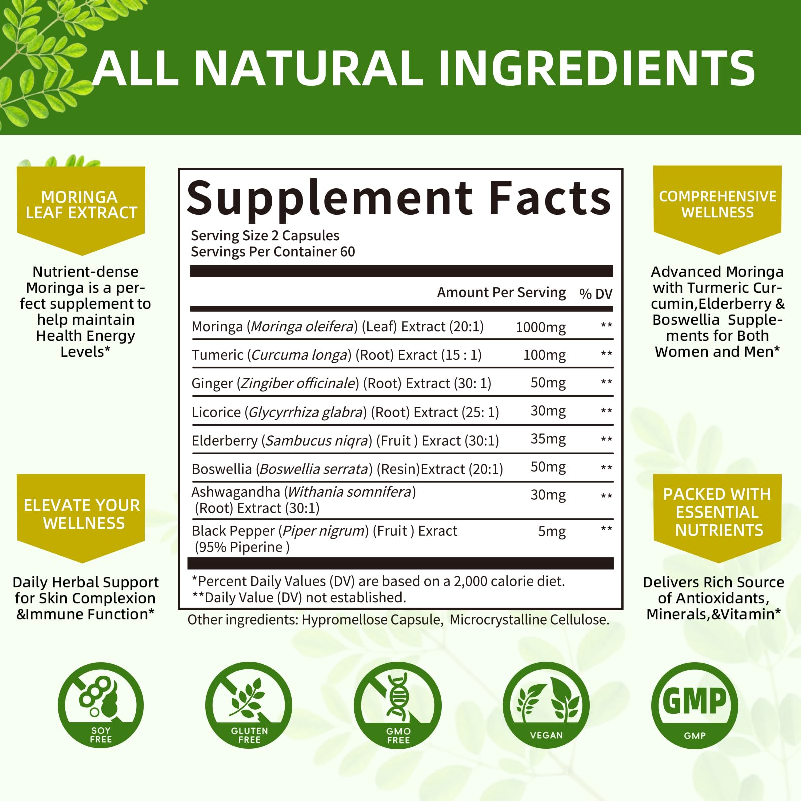 Moringa Capsules Organic 1000mg – 7-in-1 Superfood with Turmeric & Ginger | 120 Vegan Capsules