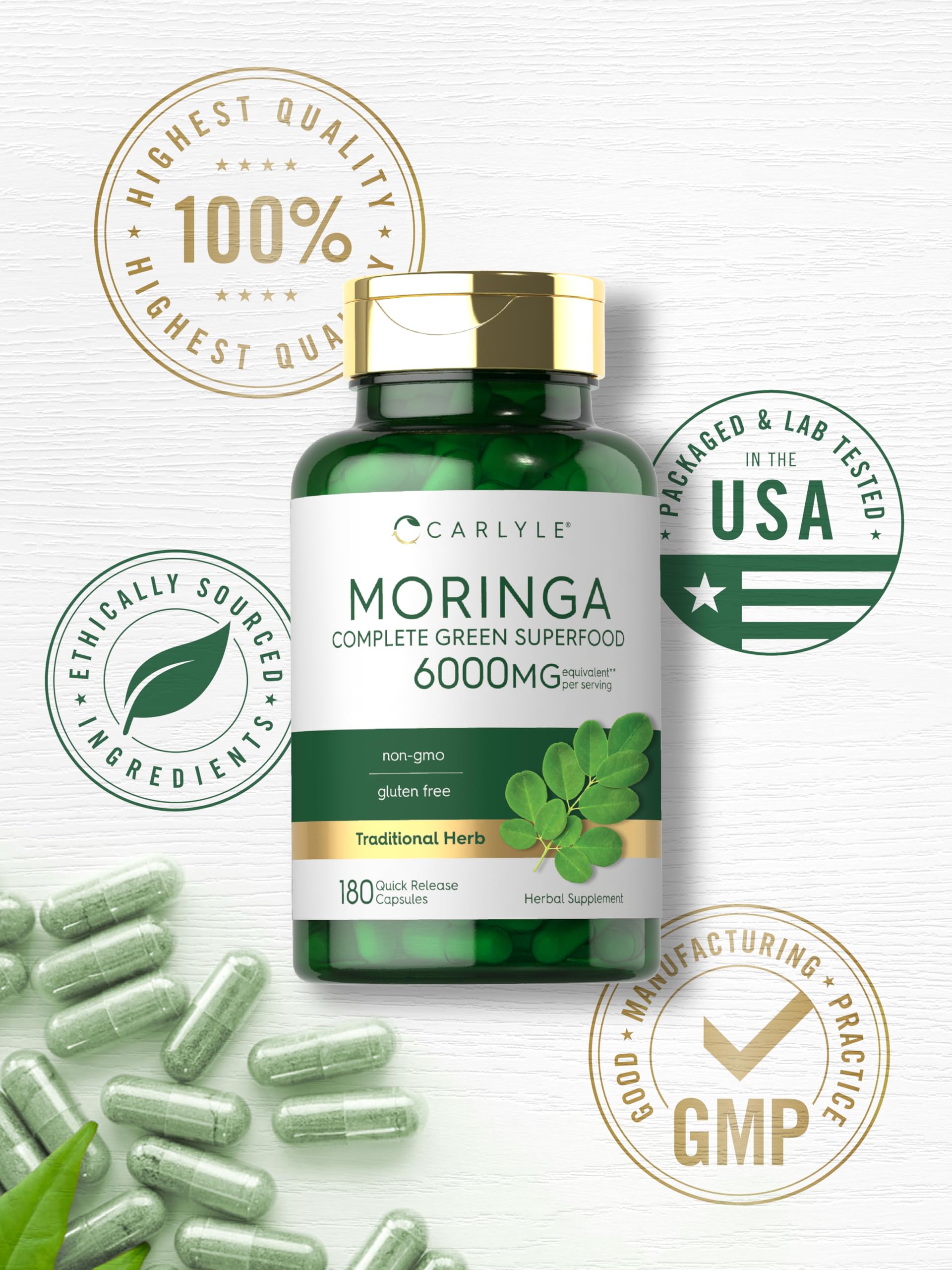 Carlyle Moringa Oleifera 180 Capsules | Non-GMO Gluten Free Green Superfood