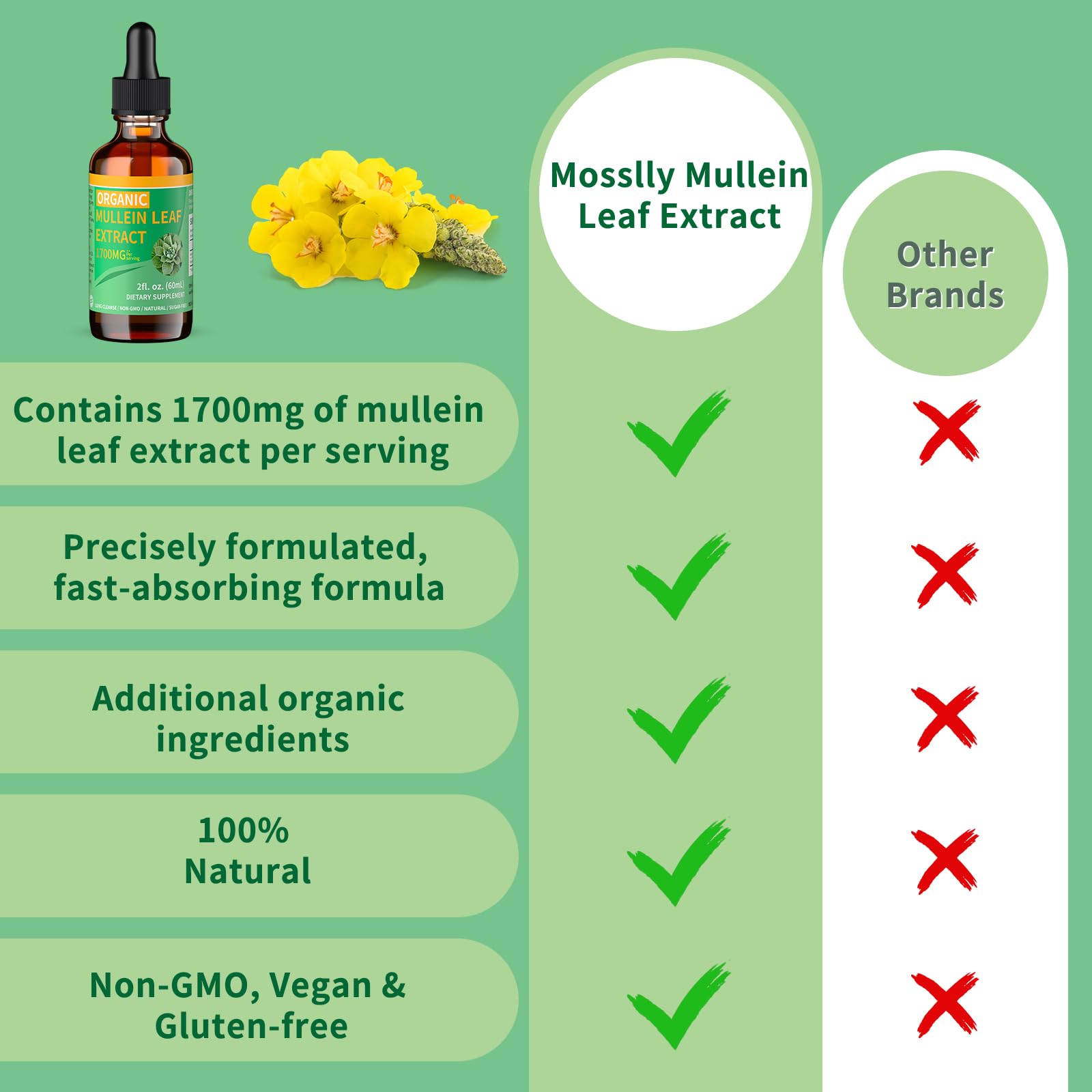 Mosslly 1700mg Mullein Drops for Lungs – Organic Mullein Leaf Extract, 2 Oz