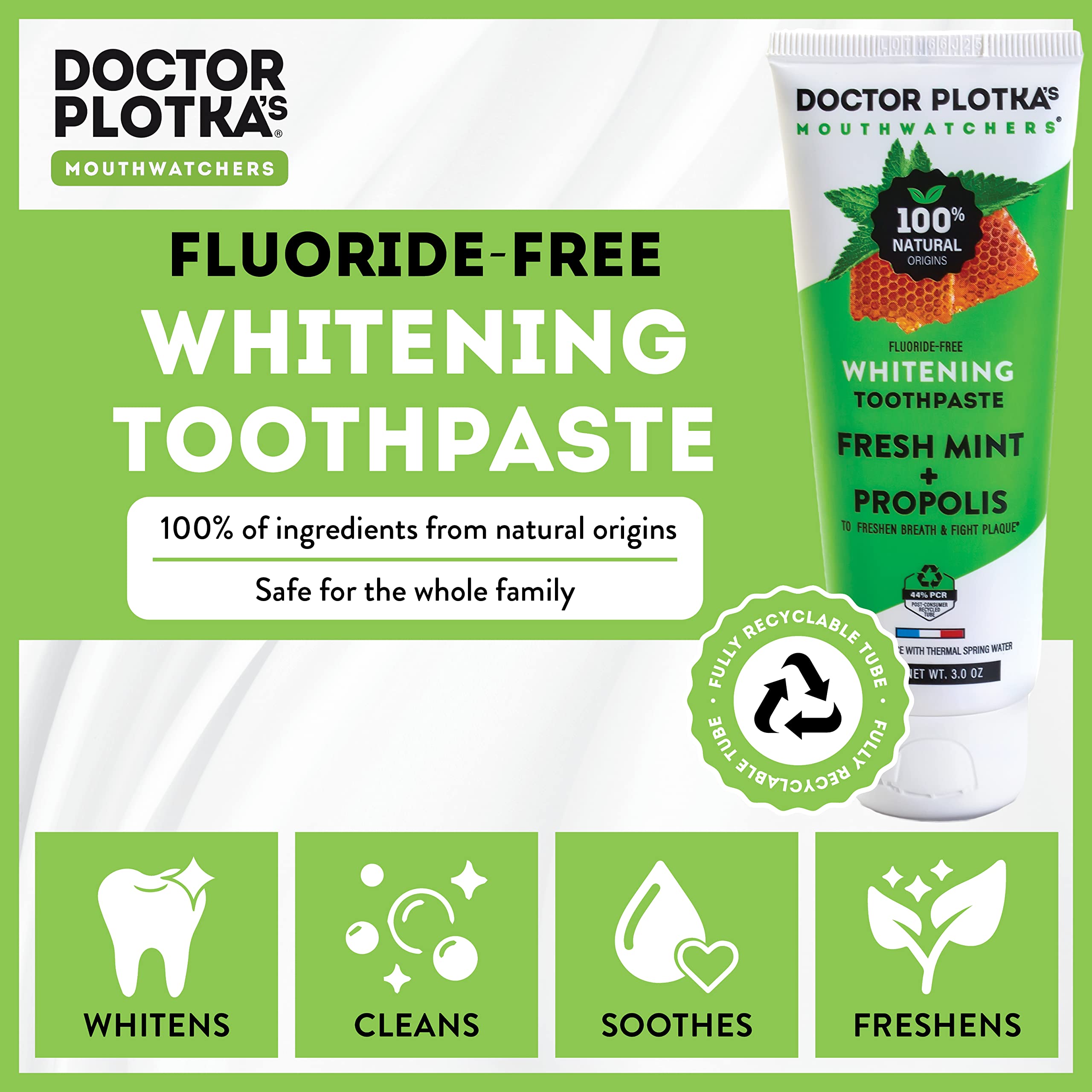 MOUTHWATCHERS Whitening Fluoride Free Toothpaste – 4 Tubes (3 oz) for Sensitive Teeth & Gums | Dr. Plotka's