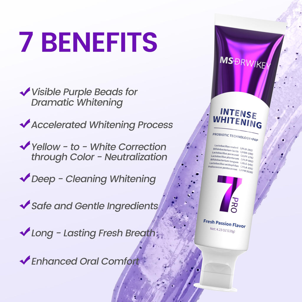 MSDRWIKEY 2-Pack Popping 7-Pro Whitening Toothpaste – Deep Whitening, 7 Probiotics, Purple Beads, Fluoride-Free