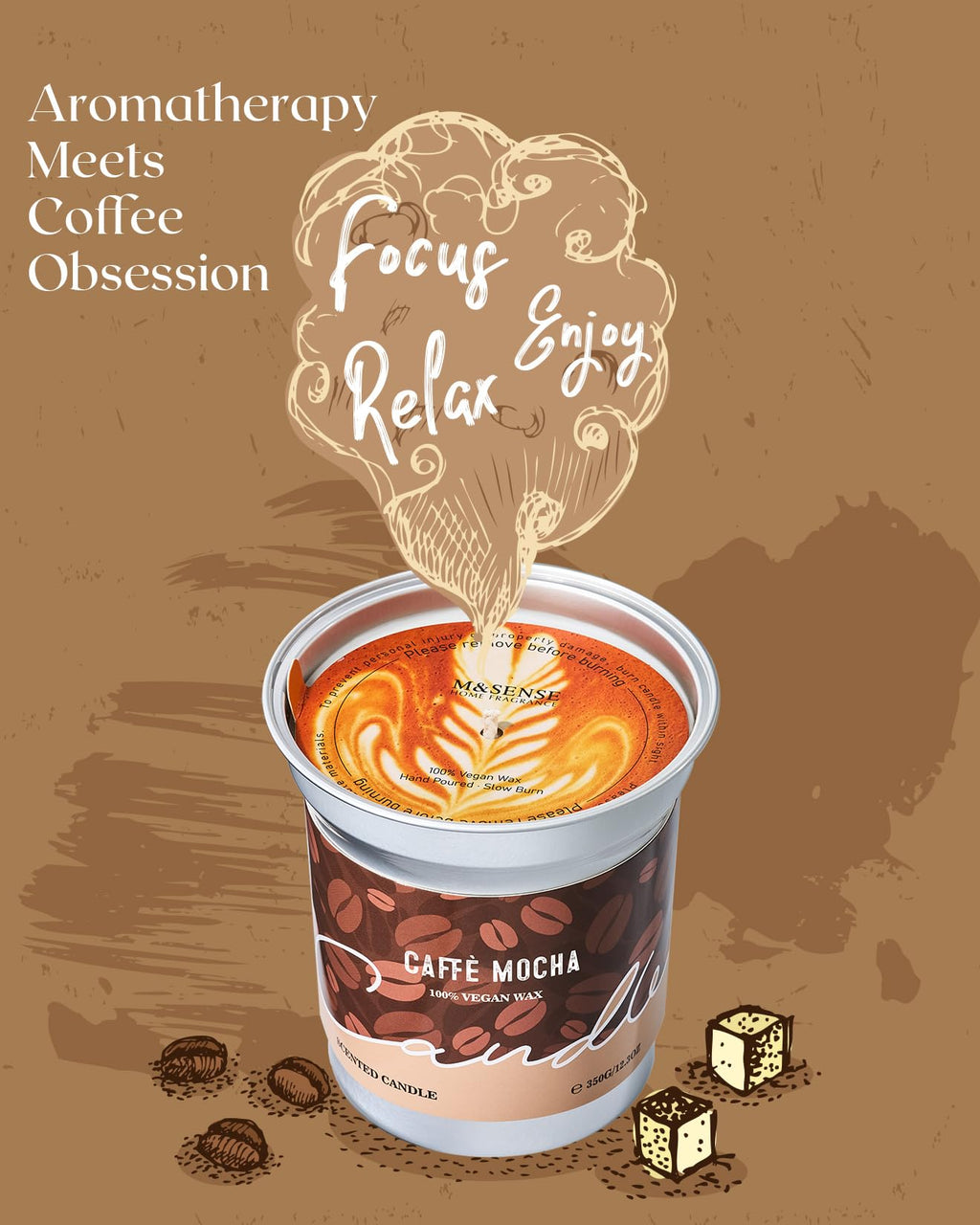 M&SENSE Coffee Candles Latte Scented 12.3oz Soy Wax – 75 Hours Burn
