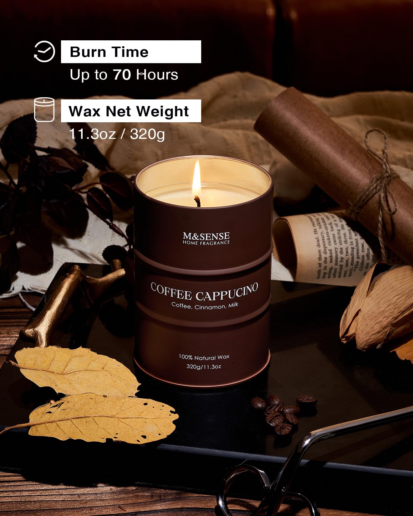 M&SENSE Coffee Cappucina Soy Wax Candle 11.3oz | 60-70h Burn Time