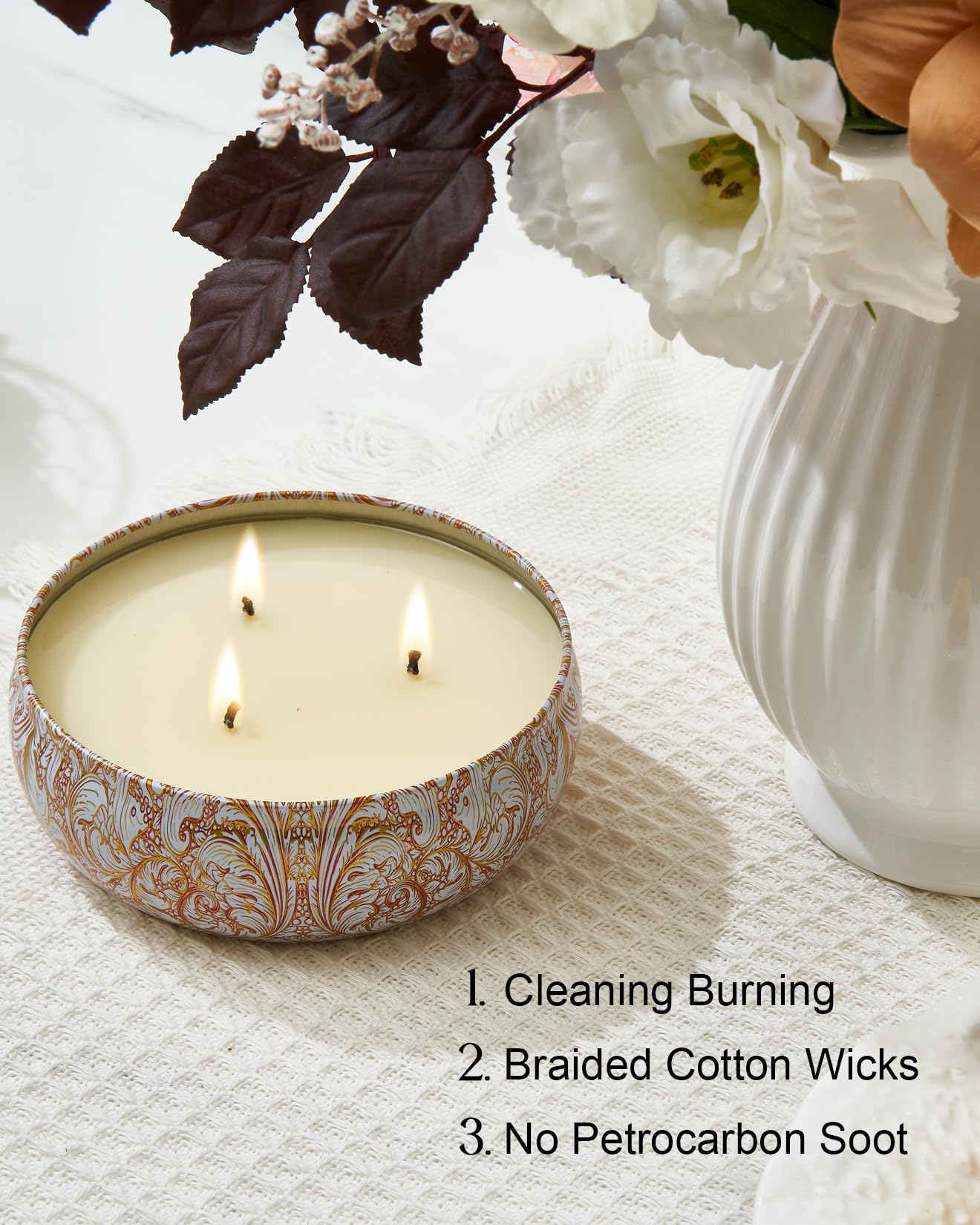 M&SENSE White Tea 3-Wick Soy Candle – 40+ Hr Burn, 100% Natural Vegan Wax