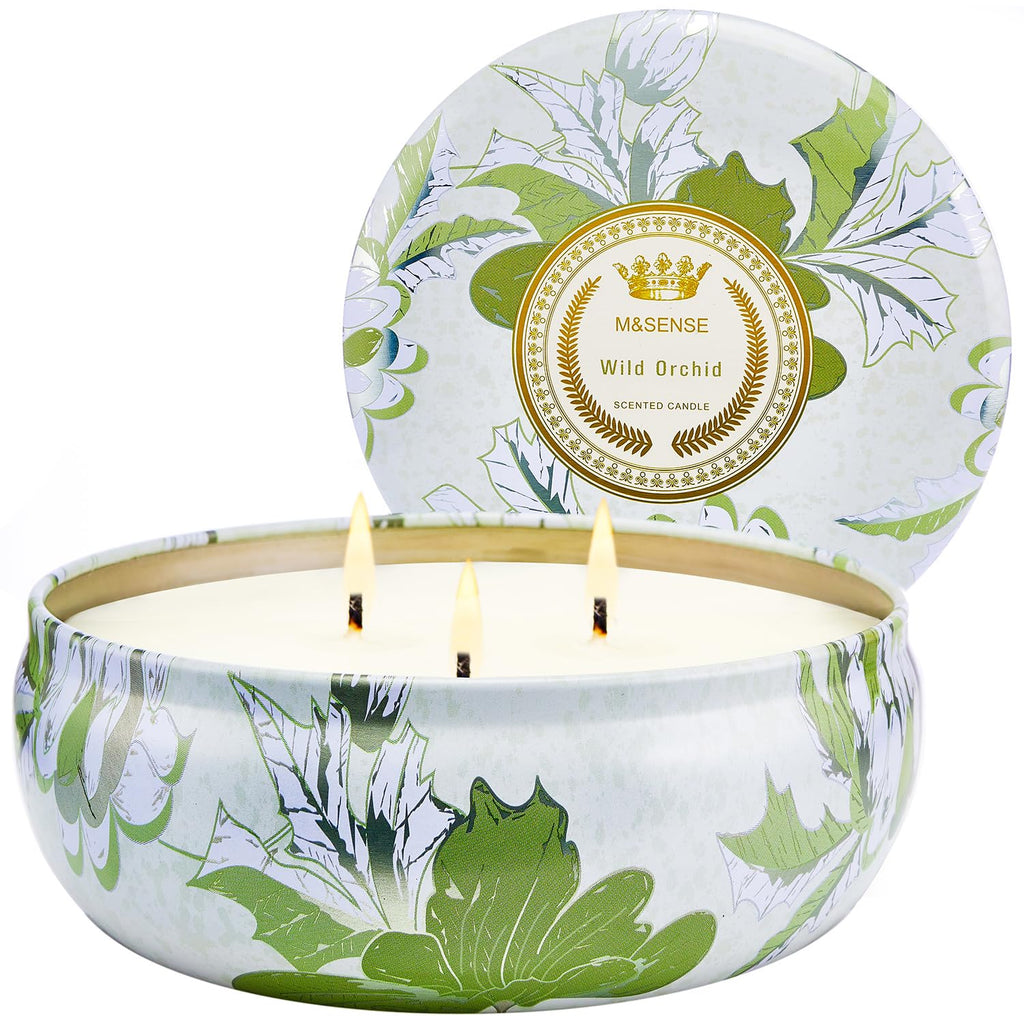 M&SENSE Wild Orchid Scented Candle | Large 3-Wick Soy Tin – 40-50 Hours Burn, Vegan Wax