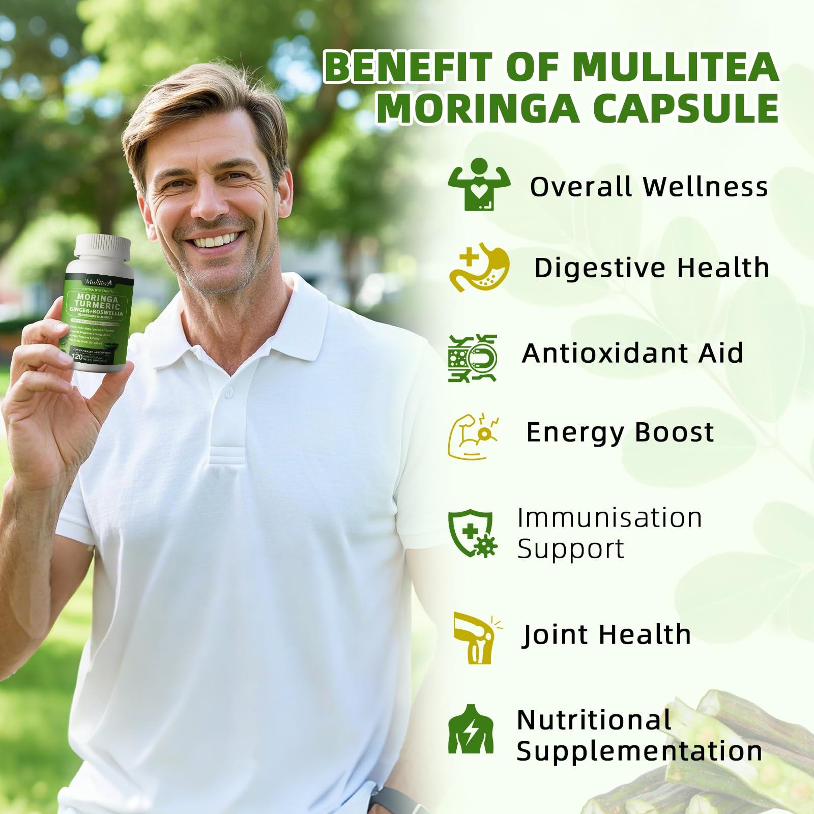 Mulittea Moringa Capsules 1000mg – 7-in-1 Turmeric, Ginger, Elderberry & Boswellia | 120 Vegan Capsules (2-Pack)