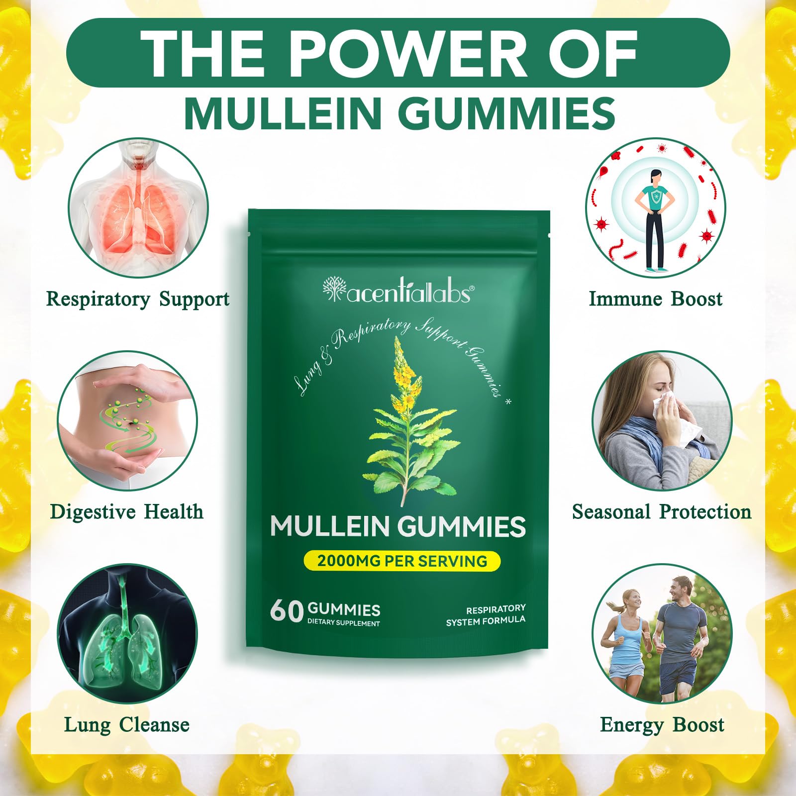 Mullein Gummies for Lungs | 2000mg Mullein Leaf Extract | Lung Support & Immune Health | 60 pcs