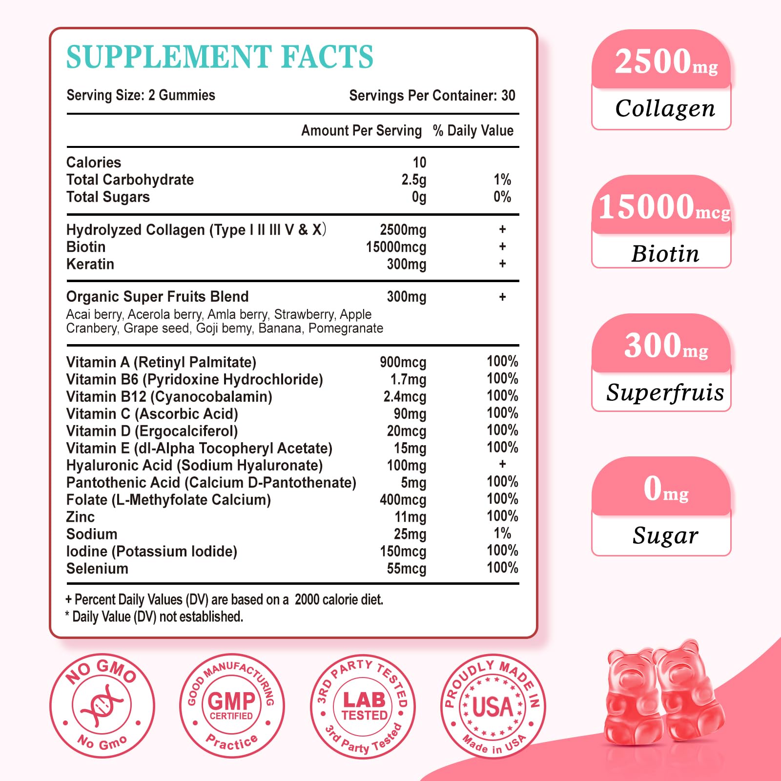2 Pack Sugar Free Collagen Gummies for Women and Men – Multi-Collagen I-V X, Biotin, Strawberry 120 Count