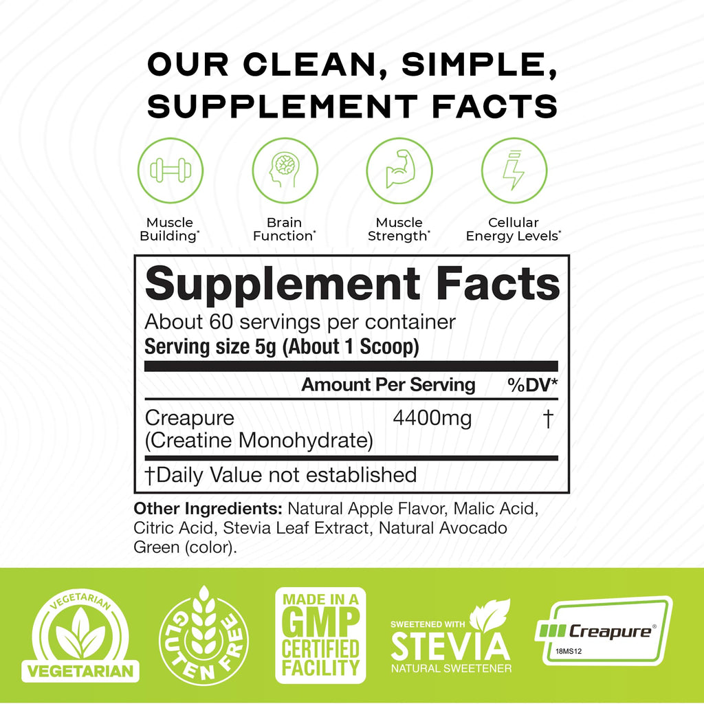 Muscle Feast Creapure Creatine Monohydrate Powder – Vegan, Gluten-Free, Easy to Mix, Green Apple 300g
