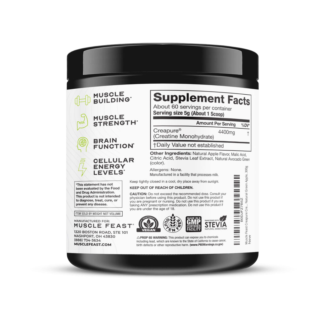 Muscle Feast Creapure Creatine Monohydrate Powder – Vegan, Gluten-Free, Easy to Mix, Green Apple 300g
