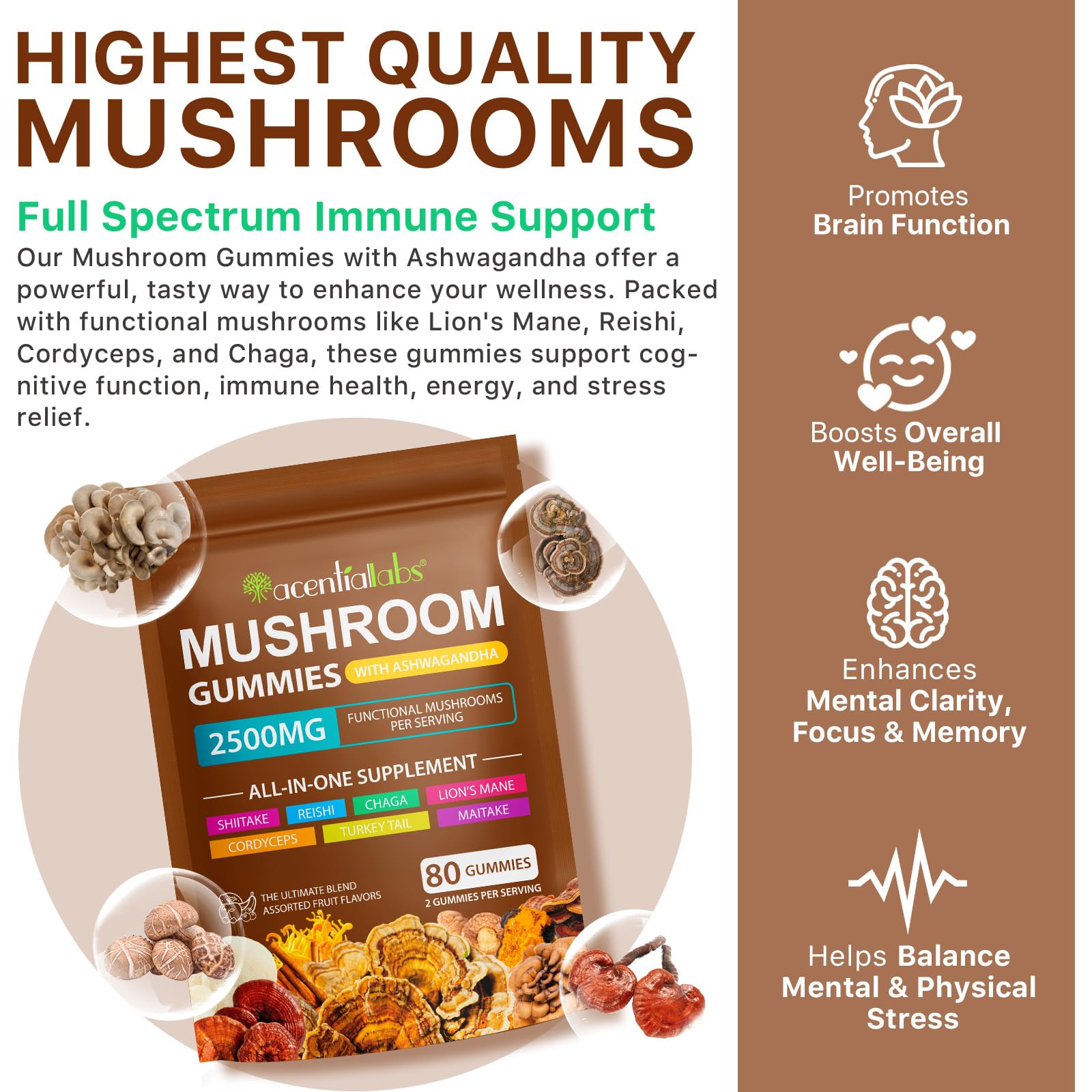 Mushroom Gummies for Adults — 10x Mushroom Supplement for Energy, Focus, Mood, Immune & Cognitive Support | Vegan, 80 Gummies