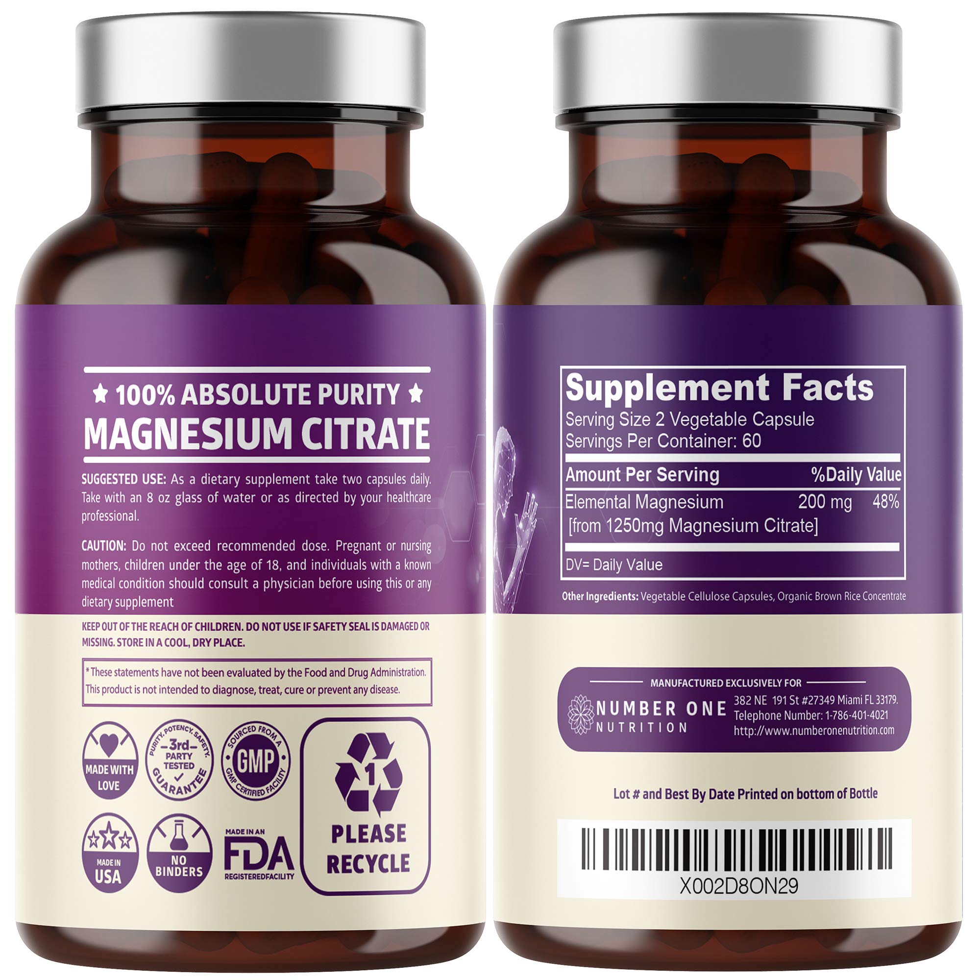 Pure Magnesium Citrate Capsules 1250mg | 120 Caps | Muscle & Digestive Support