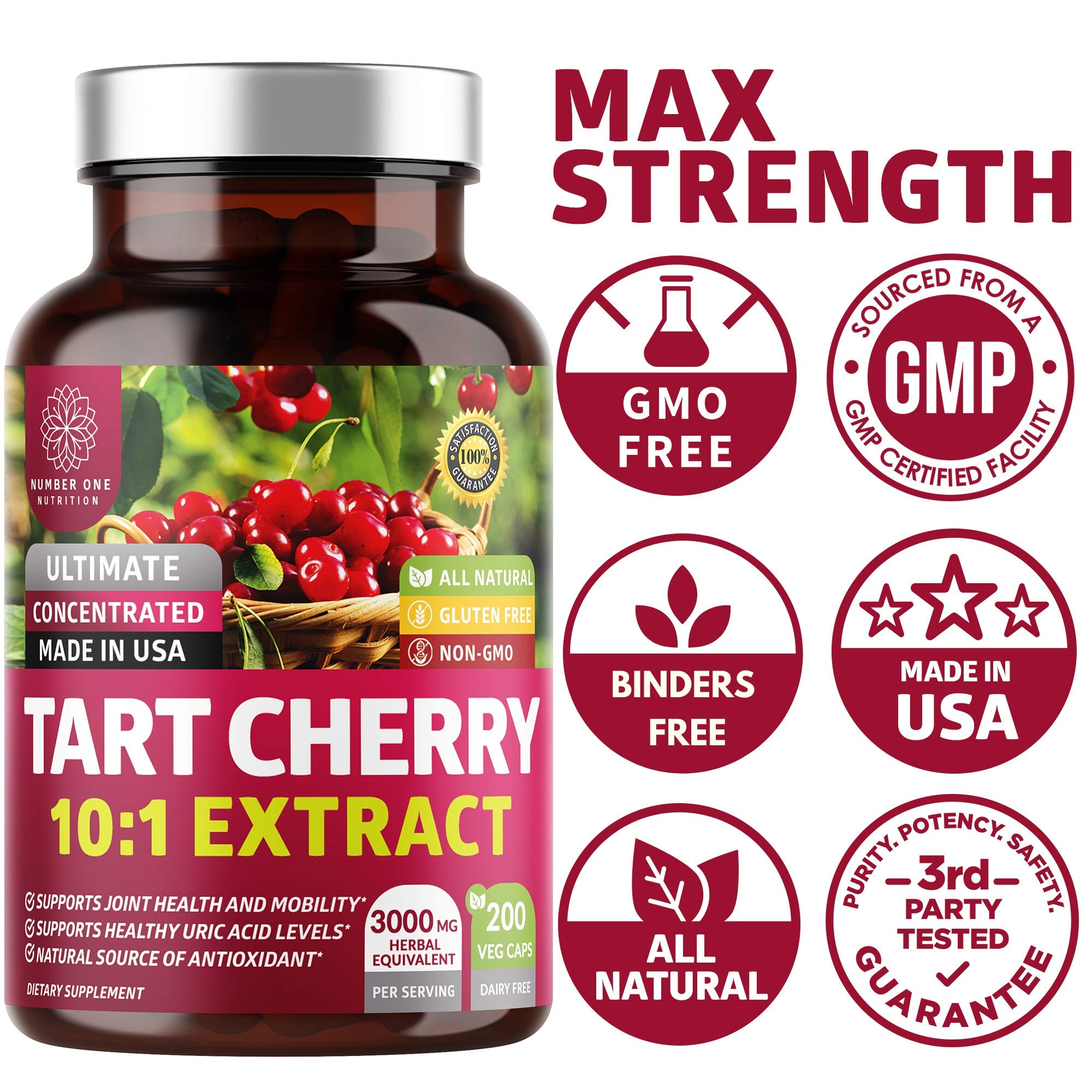 N1N Premium Tart Cherry Extract Capsules - 200 Veg Caps, 3000 mg | Joint Health & Antioxidant