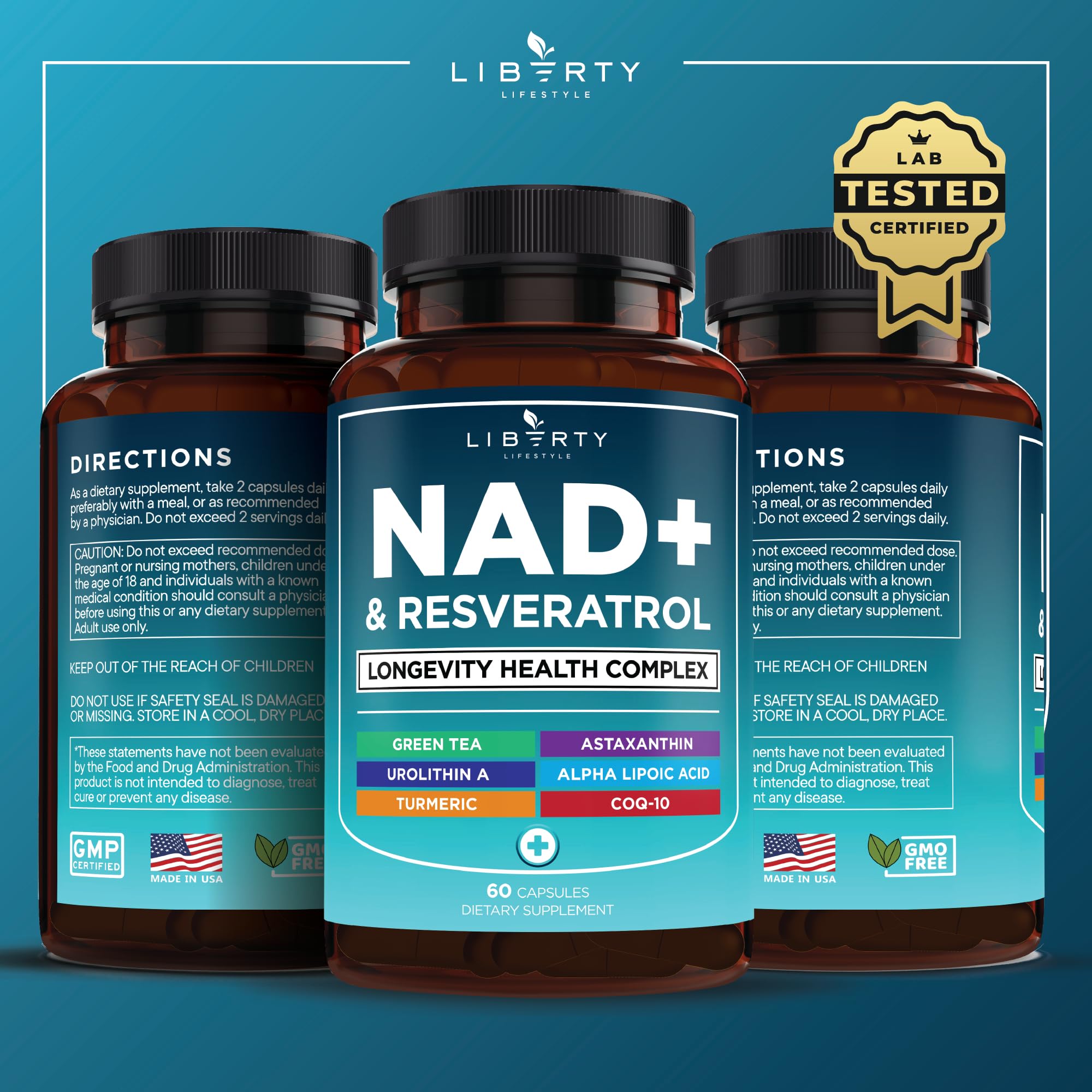 NAD+ Supplement Complex – 300 mg NAD+ with Astaxanthin, Urolithin A, Resveratrol & CoQ10 | 180 Count