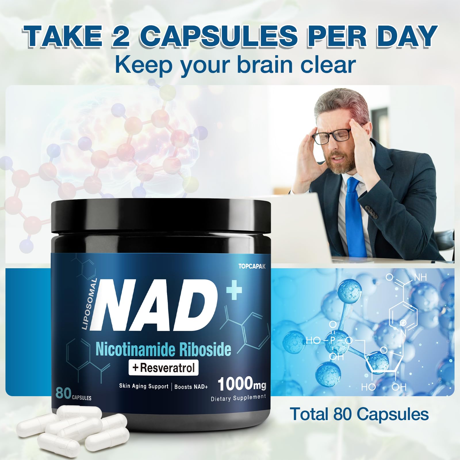 NAD+ Supplement 1000mg - NR & Resveratrol | Liposomal NAD for Brain, Energy & Healthy Aging | 80 Capsules