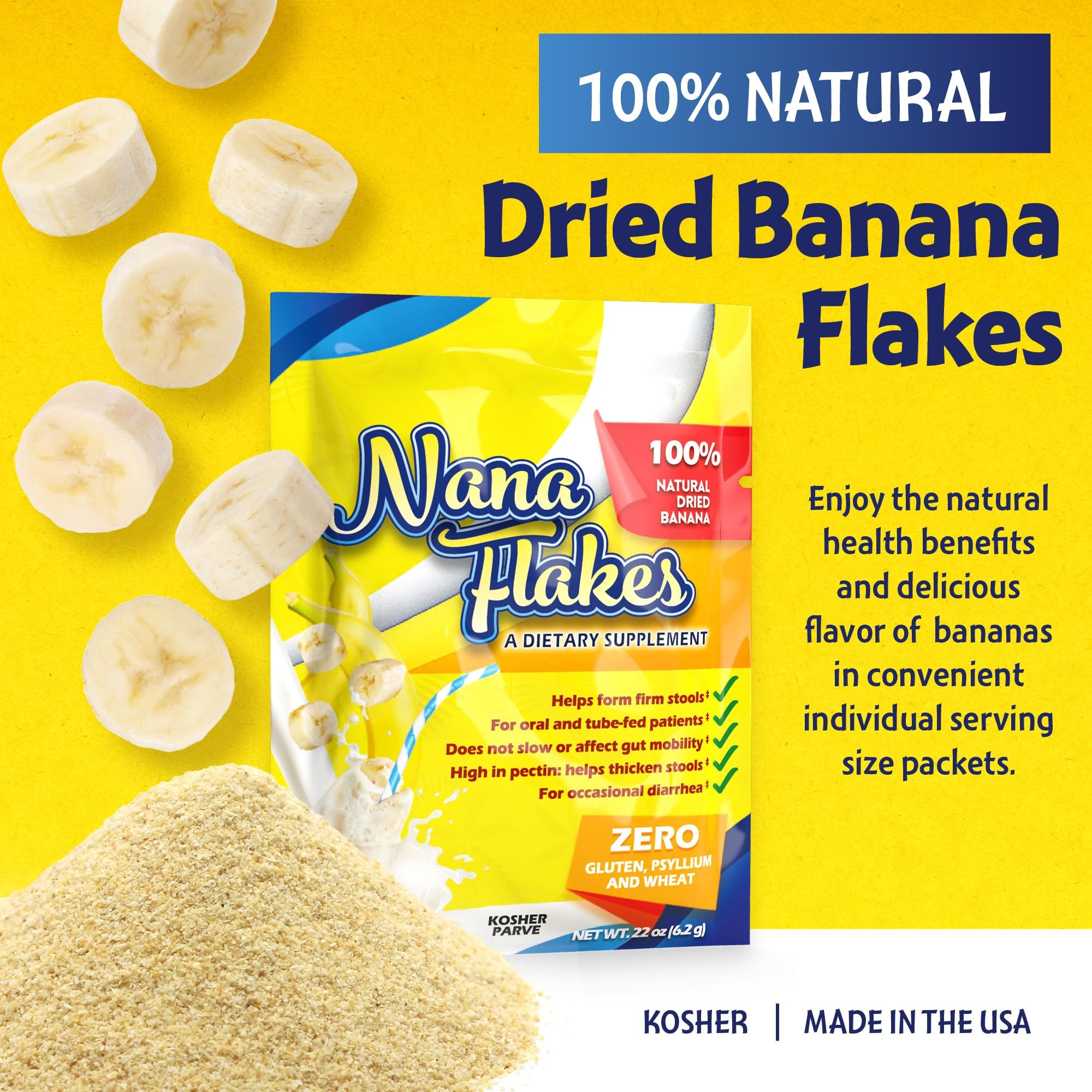 Nana Flakes 100% Pure Banana Flakes Medical Food Powder – Digestive Support (100 Single-Serve Packs)