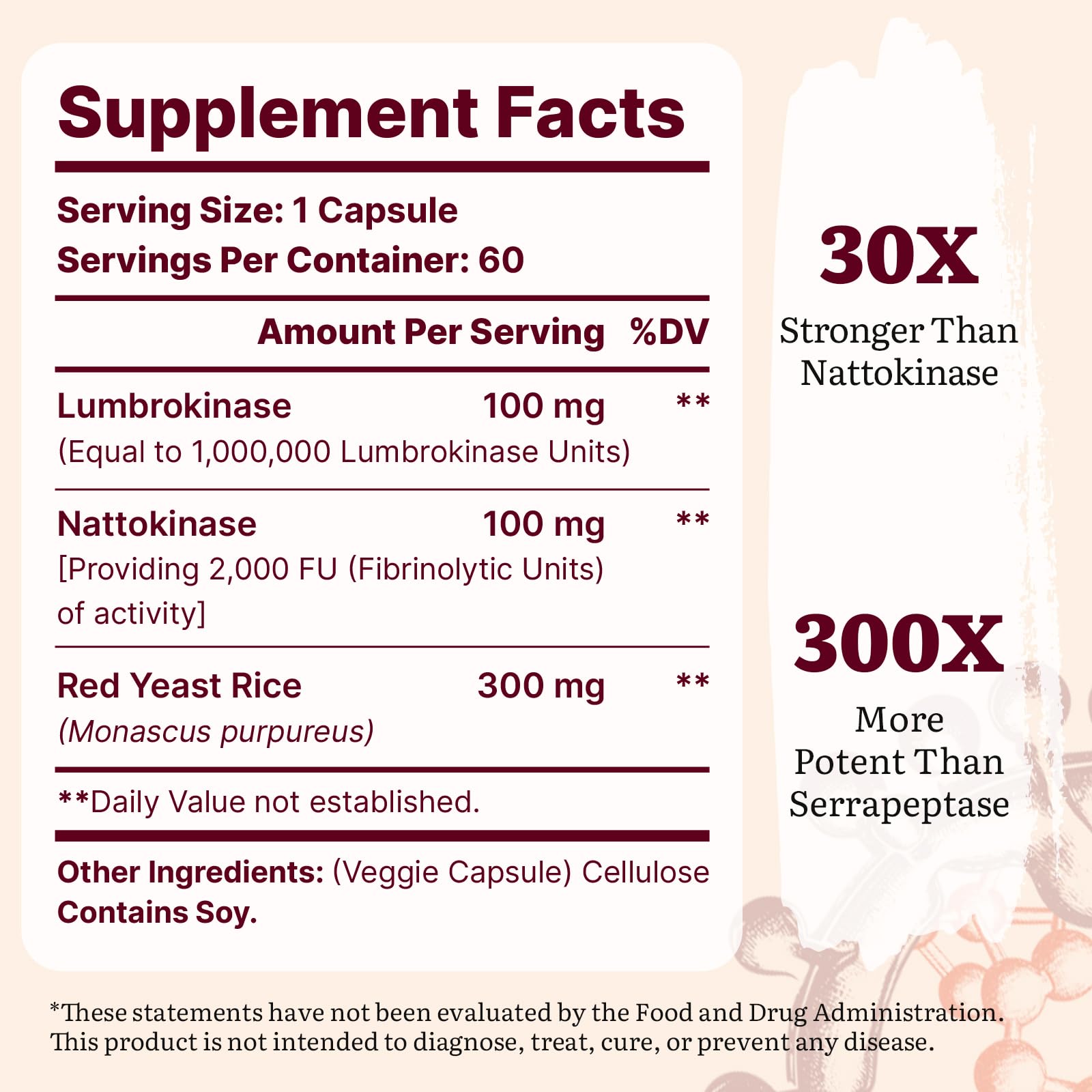 Lumbrokinase 100mg + Nattokinase 100mg + Red Yeast Rice 300mg – Circulation & Cognition, 180 Capsules (Pack of 3)