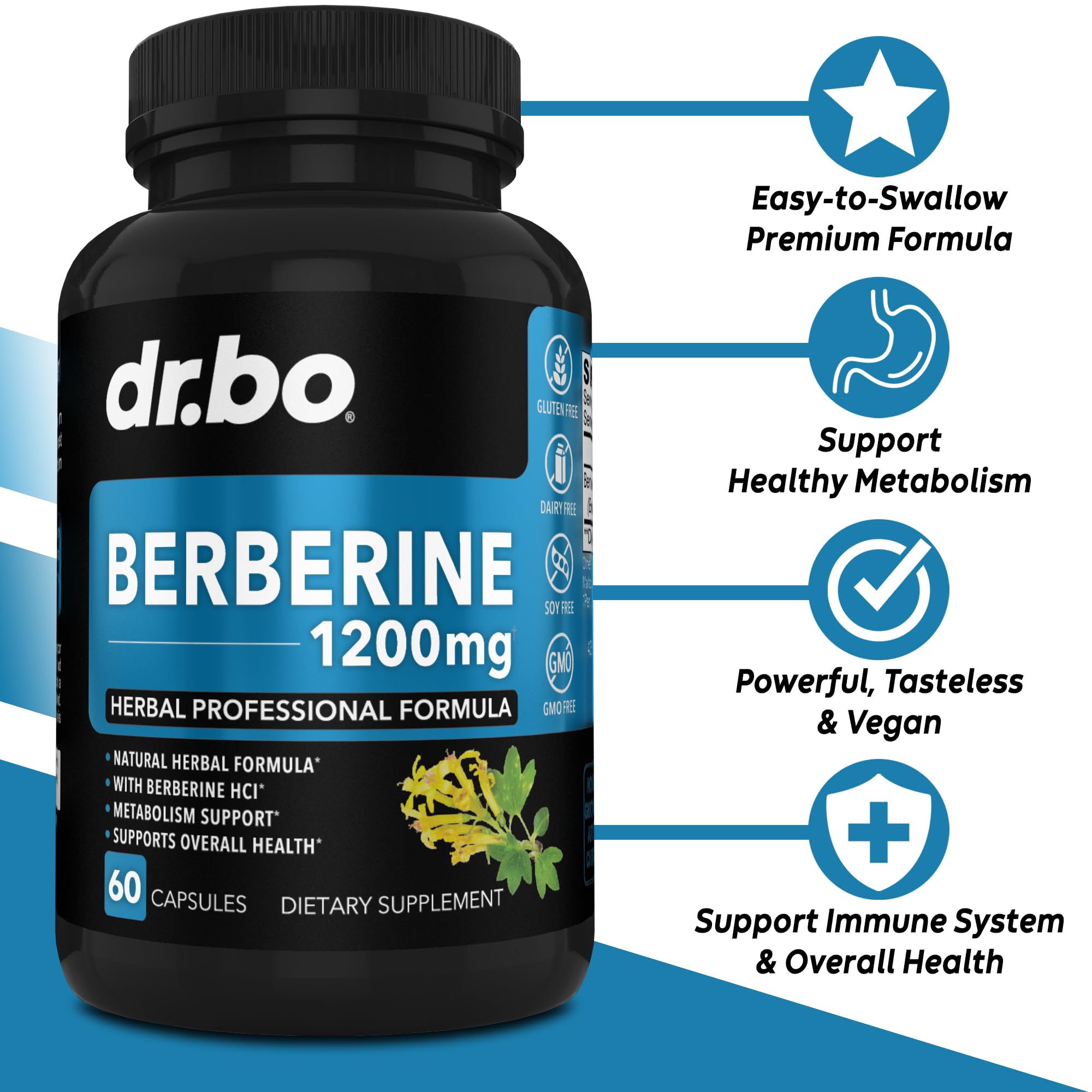 Berberine Supplement Capsules - 1200mg Berberine HCL Supplement for Healthy Metabolic Support - Premium Natural Complex for Women & Men, Pure Support Capsules Supplements - 60 Pills