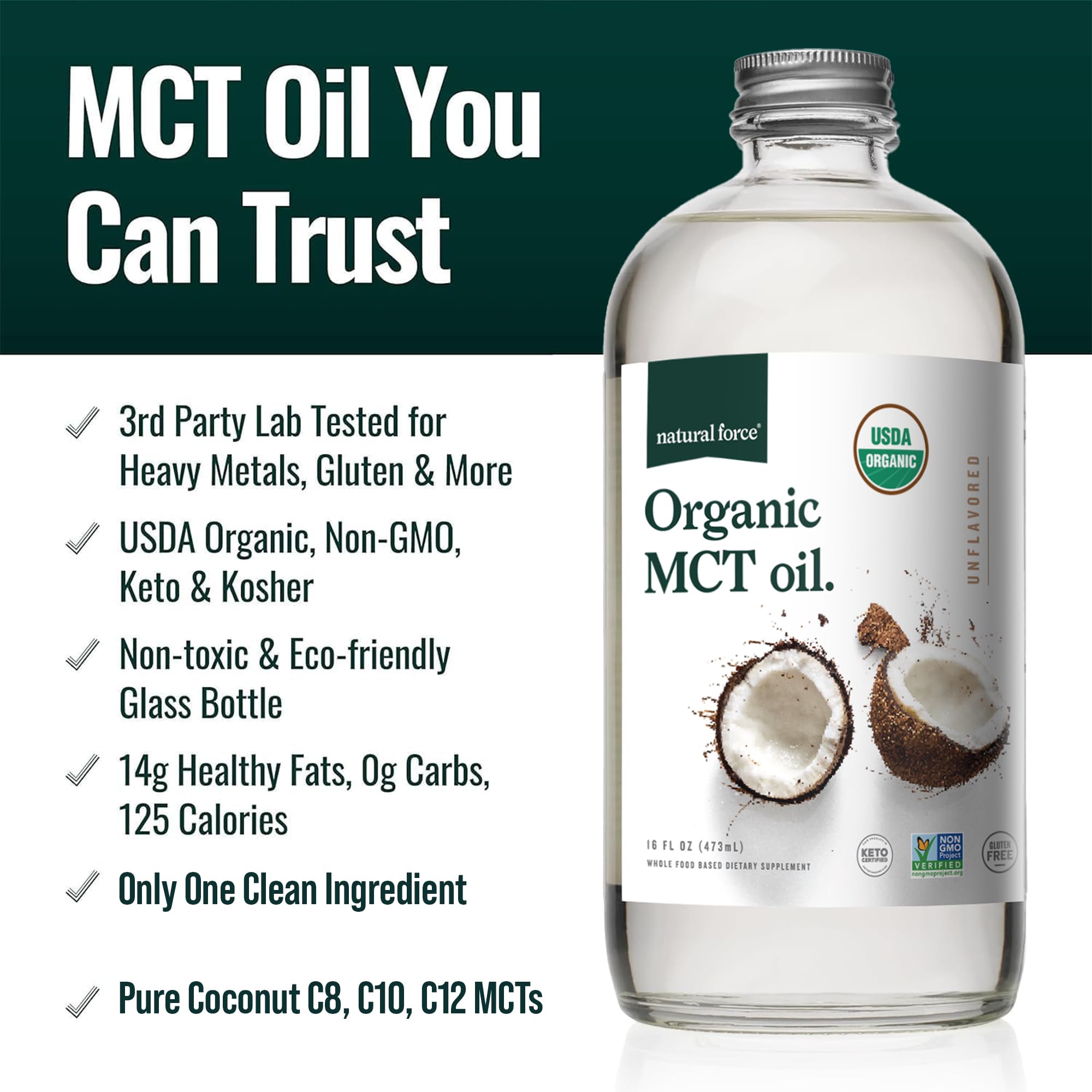 Natural Force Organic MCT Oil – Pure Glass Bottle, 100% Virgin Coconut Oil, Keto, Paleo, Kosher & Vegan