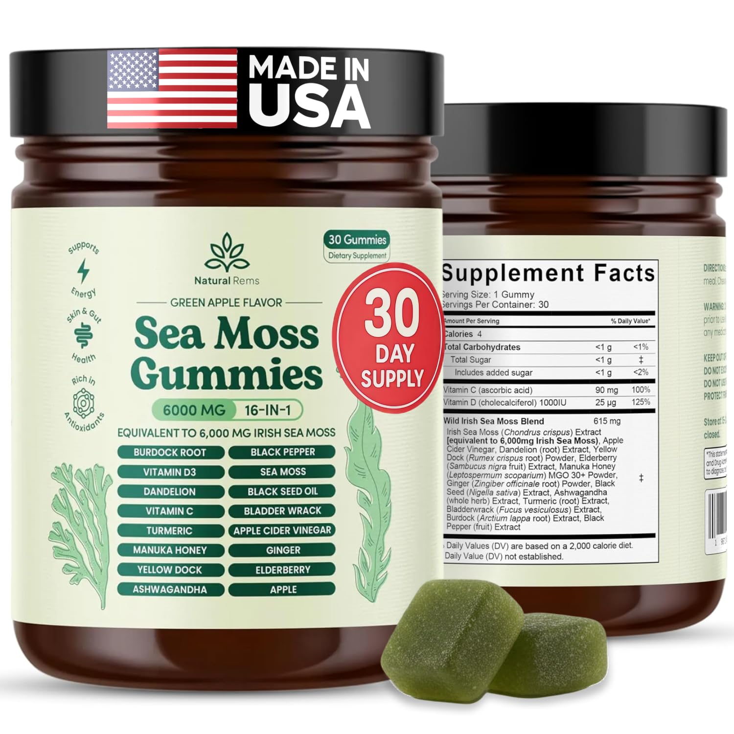 Natural Rems Sea Moss Gummies 16-in-1 with Ashwagandha, Black Seed Oil & Turmeric – Green Apple