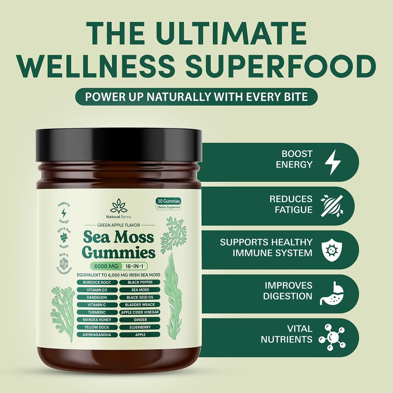 Natural Rems Sea Moss Gummies 16-in-1 with Ashwagandha, Black Seed Oil & Turmeric – Green Apple
