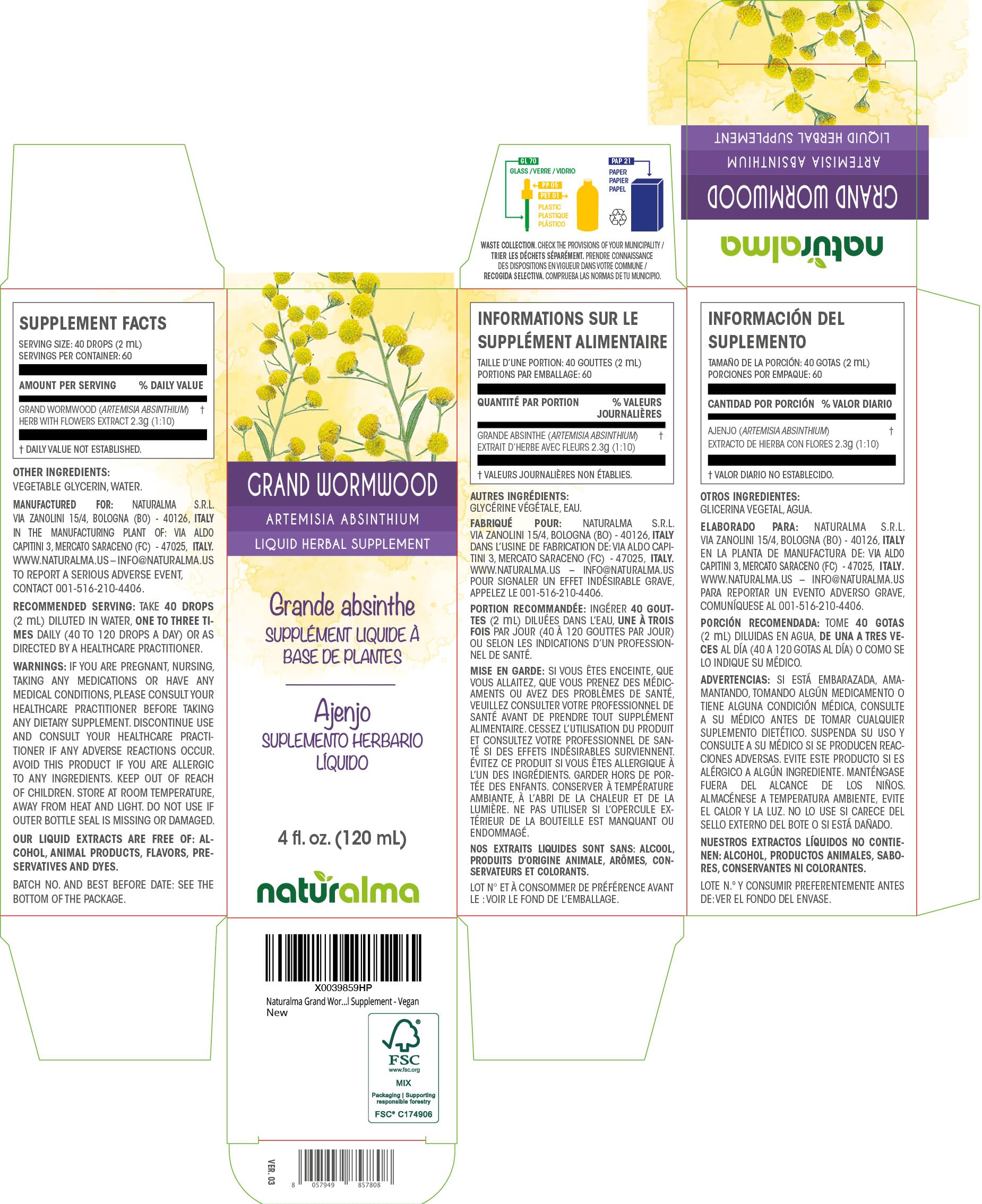 Naturalma Grand Wormwood (Artemisia absinthium) Herbal Tincture – Alcohol-Free, 4 fl oz, Vegan