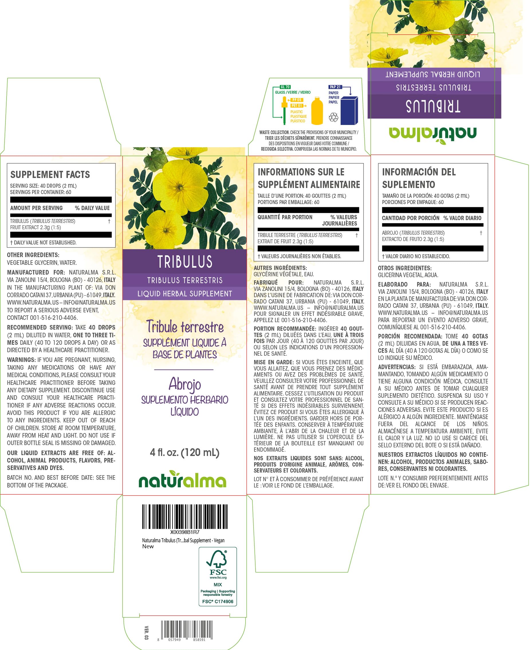 Naturalma Tribulus (Tribulus terrestris) Fruit Alcohol-Free Tincture - 4 fl oz Liquid Extract in Drops - Herbal Supplement - Vegan