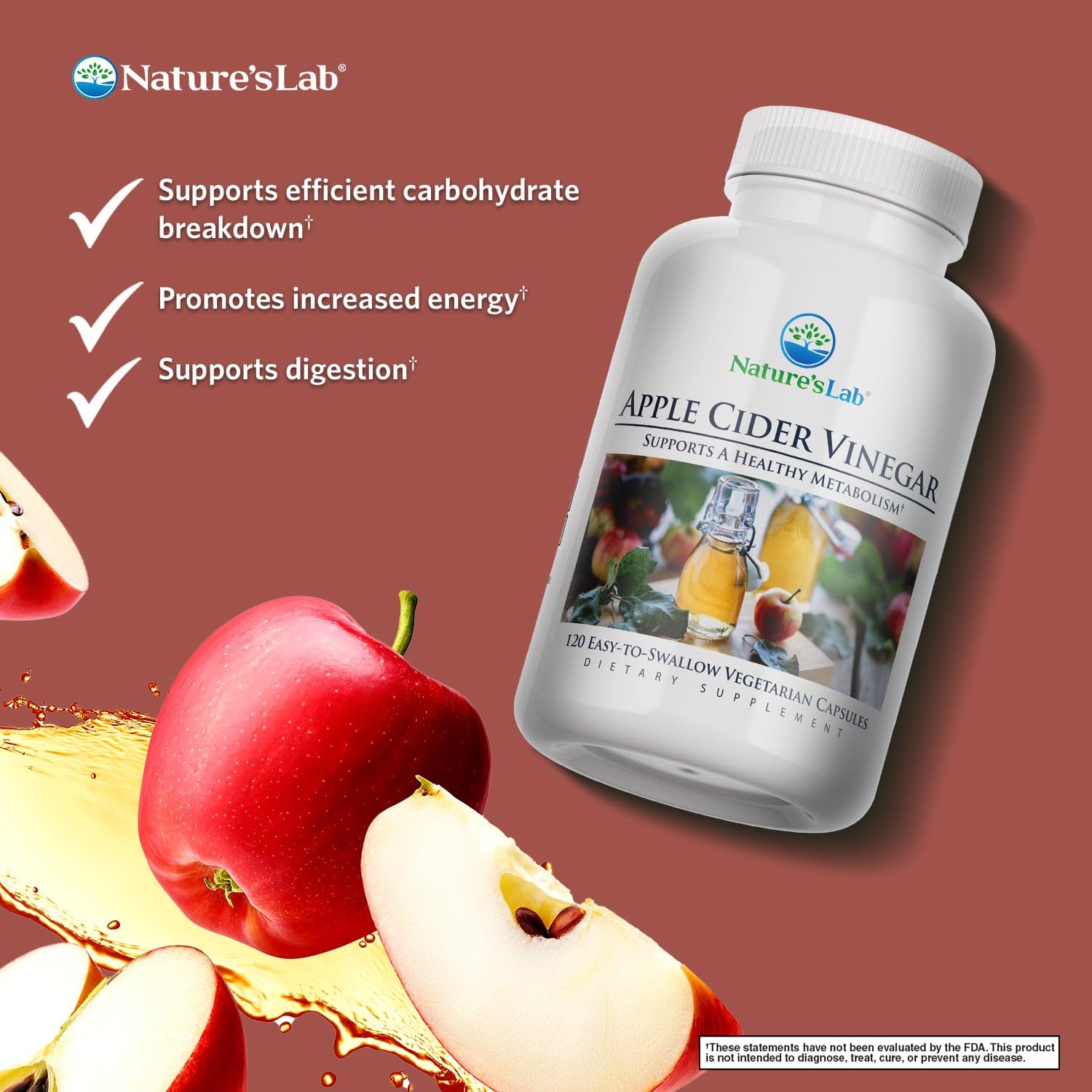 Nature's Lab Apple Cider Vinegar 1200mg with Chromium – 120 Capsules (60 Day Supply)