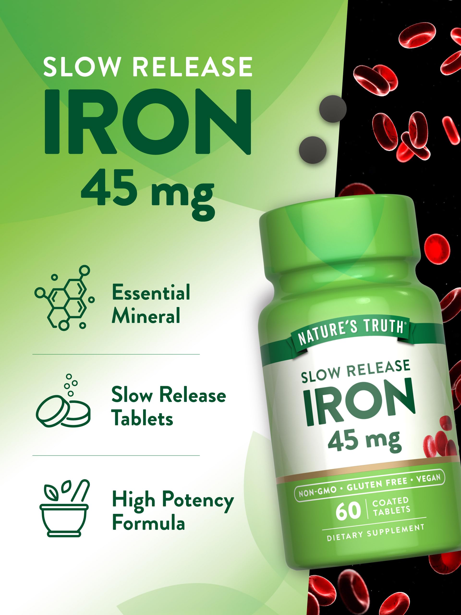 Nature's Truth Iron Supplement 45 mg | 60 Pills | Pack of 2 | Non-GMO & Gluten Free