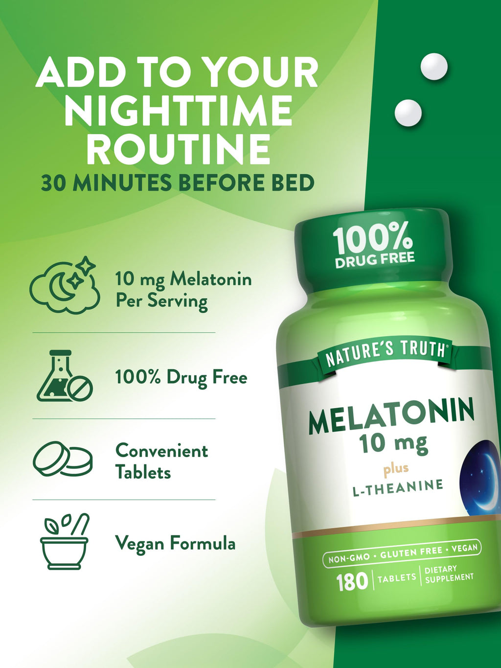 Nature's Truth Melatonin 10mg with L-Theanine – 180 Count | Vegan, Non-GMO & Gluten Free