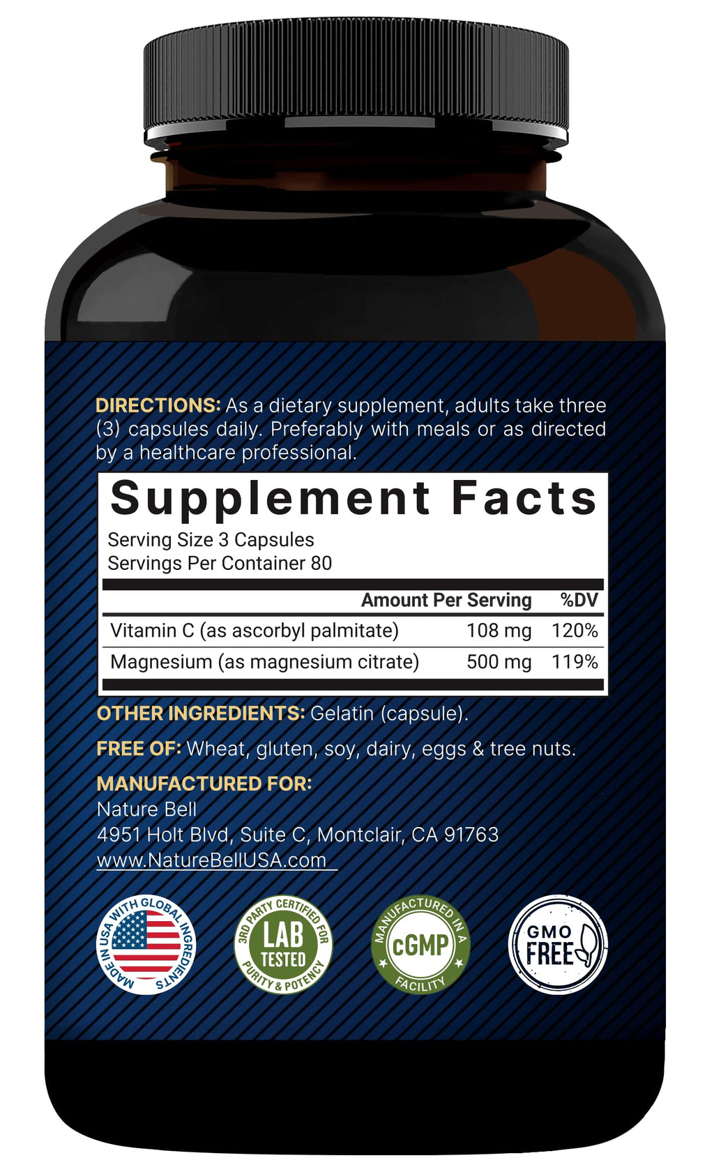 NatureBell 2 Pack Magnesium Citrate 500mg – 480 Capsules | 2-in-1 Vitamin C