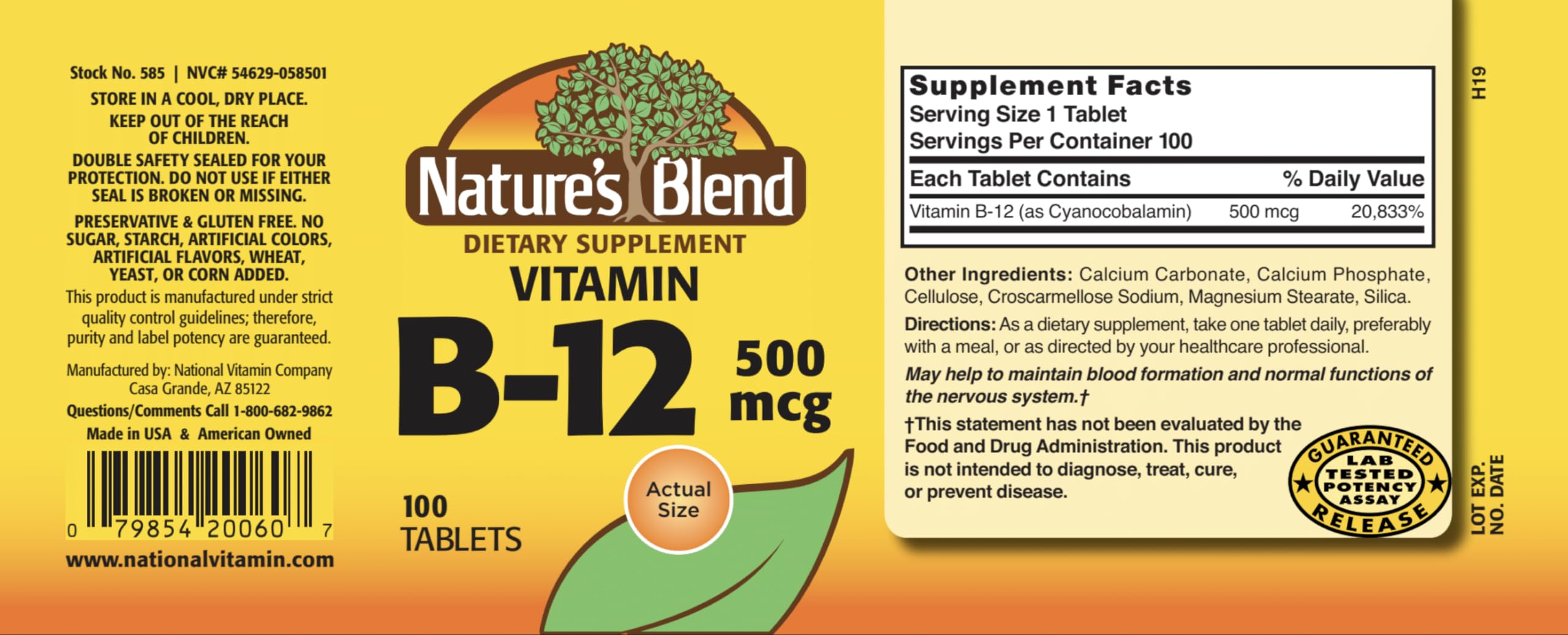 Nature's Blend Vitamin B-12 500 mcg – 100 Tablets | Cyanocobalamin Supplement