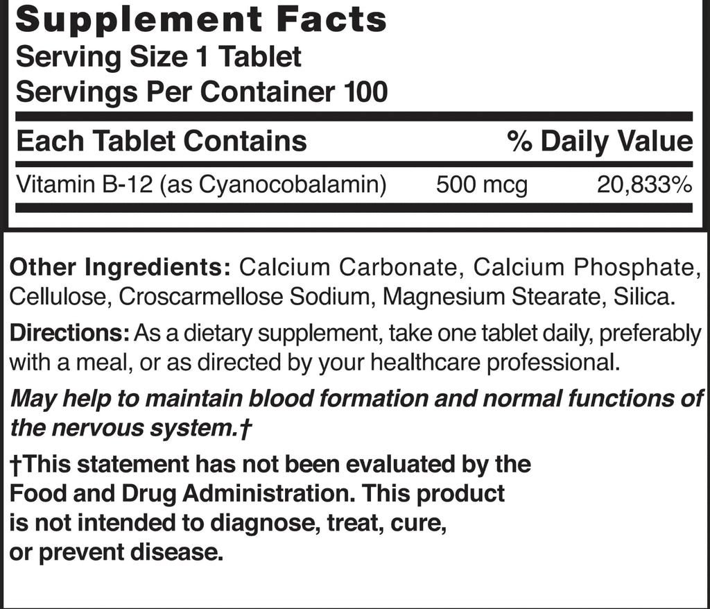 Nature's Blend Vitamin B-12 500 mcg – 100 Tablets | Cyanocobalamin Supplement