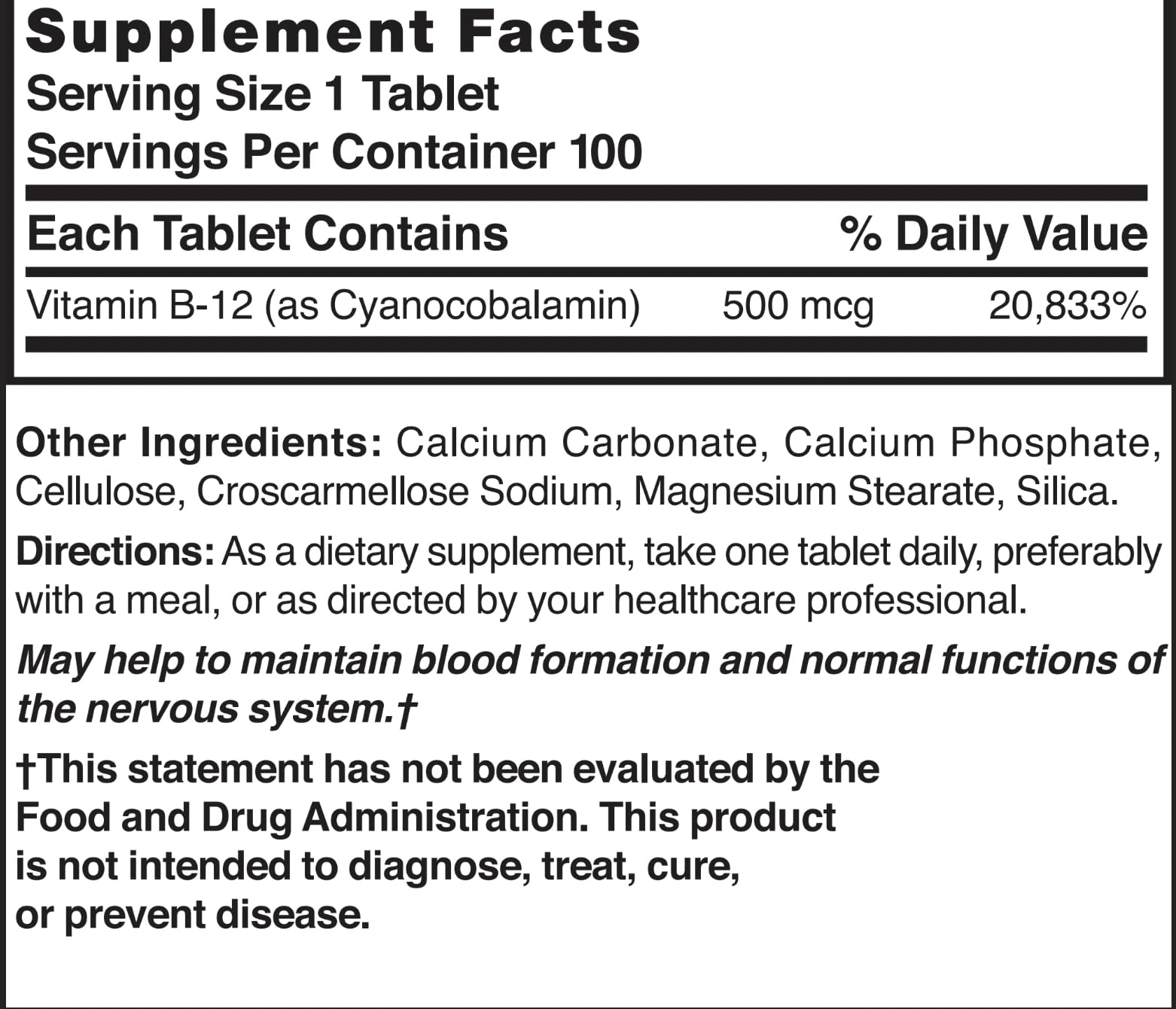 Nature's Blend Vitamin B-12 500 mcg – 100 Tablets | Cyanocobalamin Supplement
