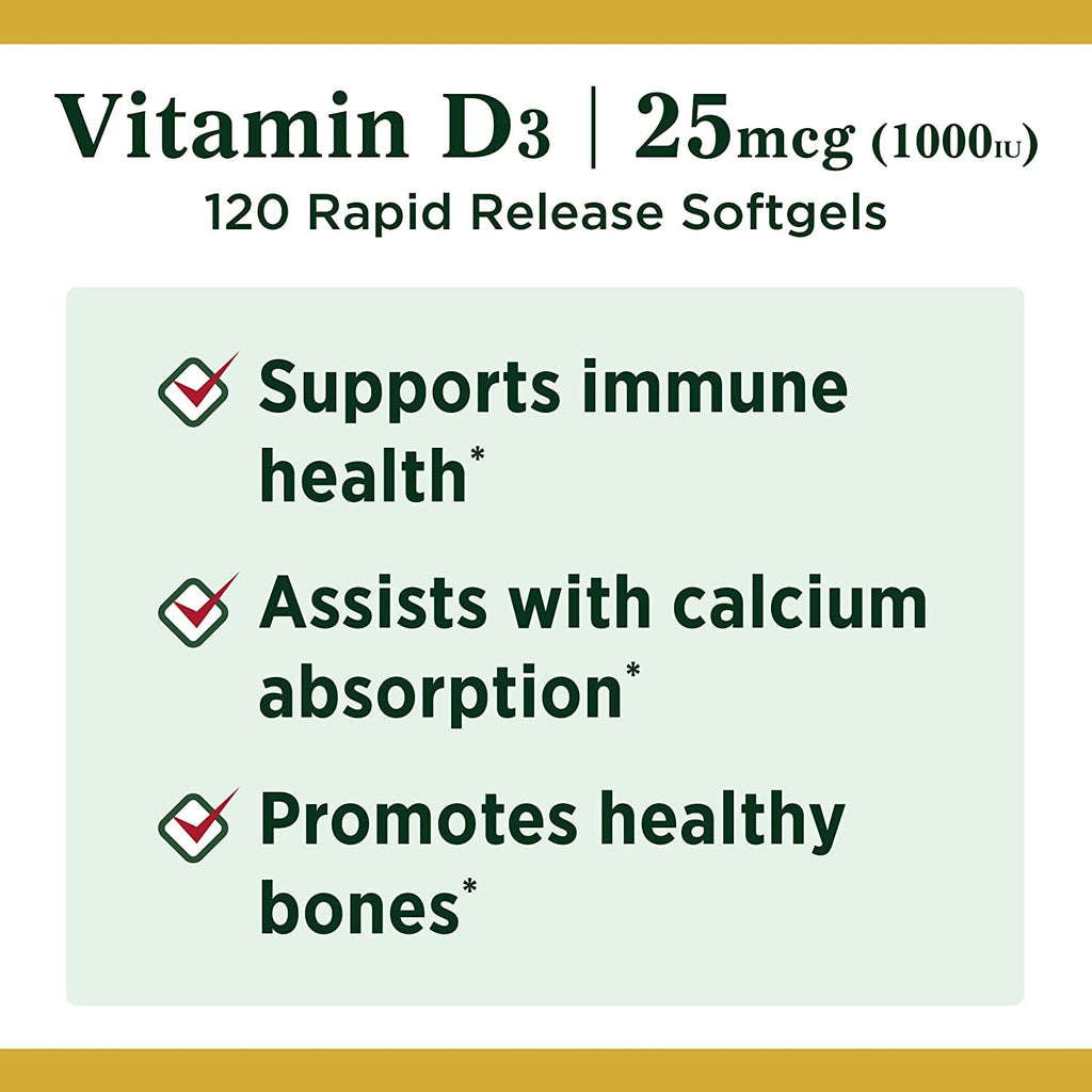 Nature's Bounty Vitamin D3 1000IU Softgels - Immune Support & Bone Health, 360-Count Tri-Pack
