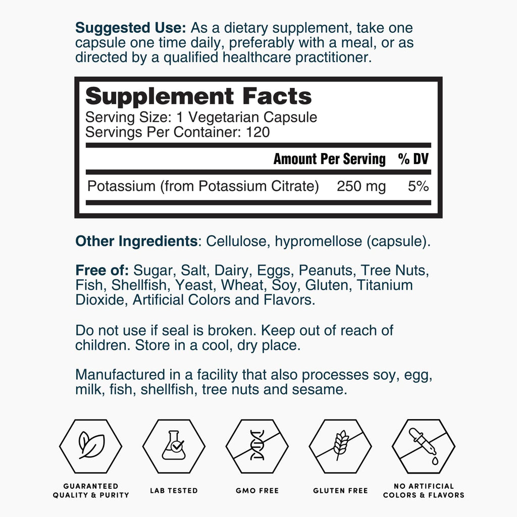 Nature's Lab Gold Potassium Citrate 250mg - 120 Capsules (Pack of 2) - Heart, Nerve & Muscle Support
